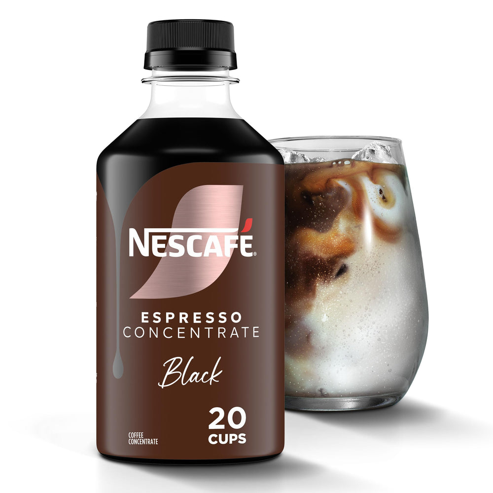 NESCAFÉ Espresso Concentrate Black bottle ready for quick iced espresso at home.