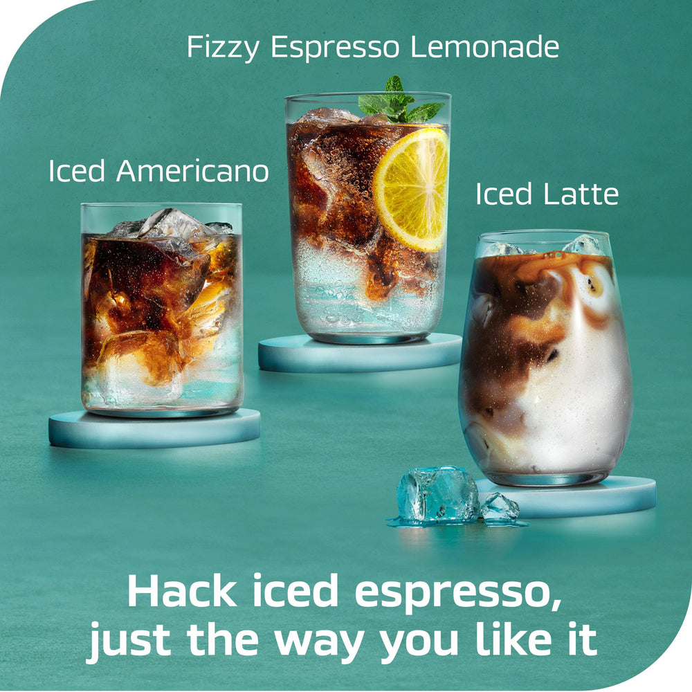 Pour of NESCAFÉ Espresso Concentrate Black into a glass for iced coffee.