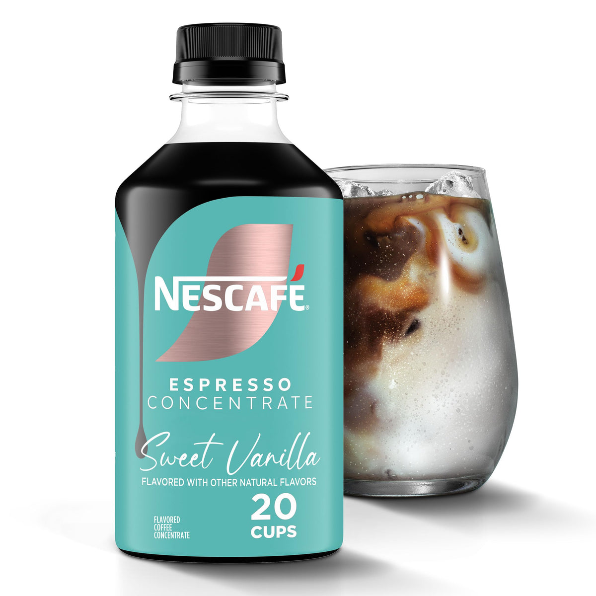 NESCAFÉ Espresso Concentrate Sweet Vanilla bottle pouring for quick cafe-style beverages