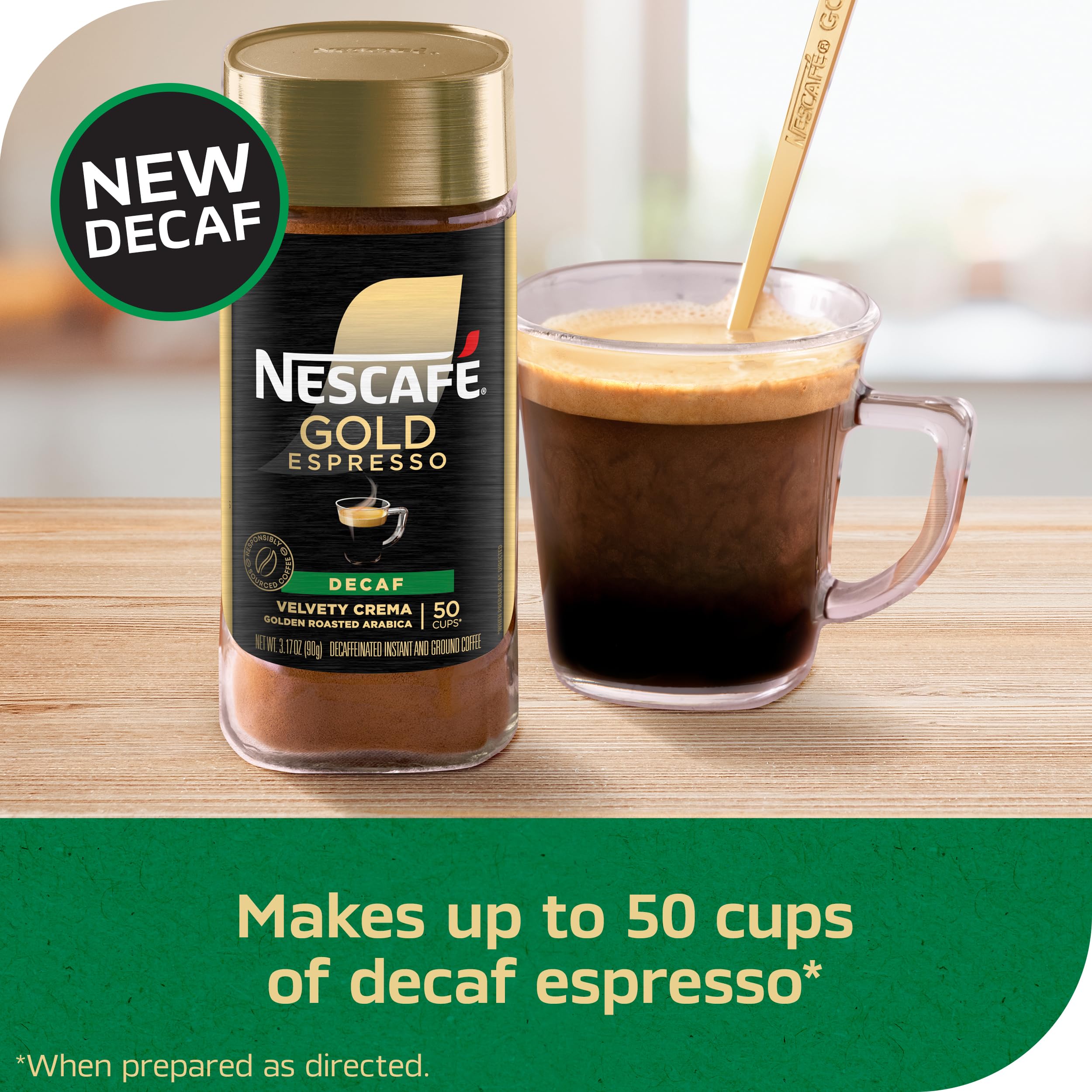 A cup of NESCAFÉ Gold Decaf Espresso with velvety crema, smooth flavor.