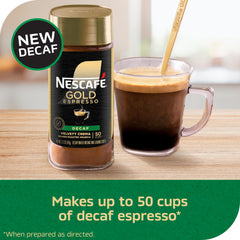 A cup of NESCAFÉ Gold Decaf Espresso with velvety crema, smooth flavor.