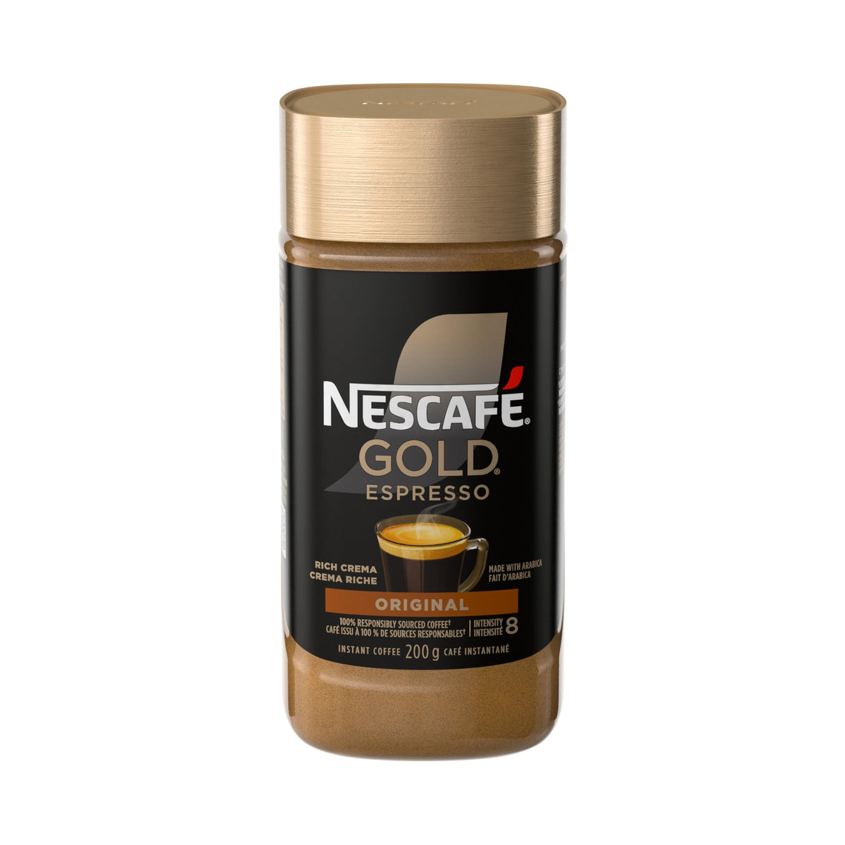NESCAFE Gold Espresso Instant Coffee canister on a kitchen counter preserving freshness.