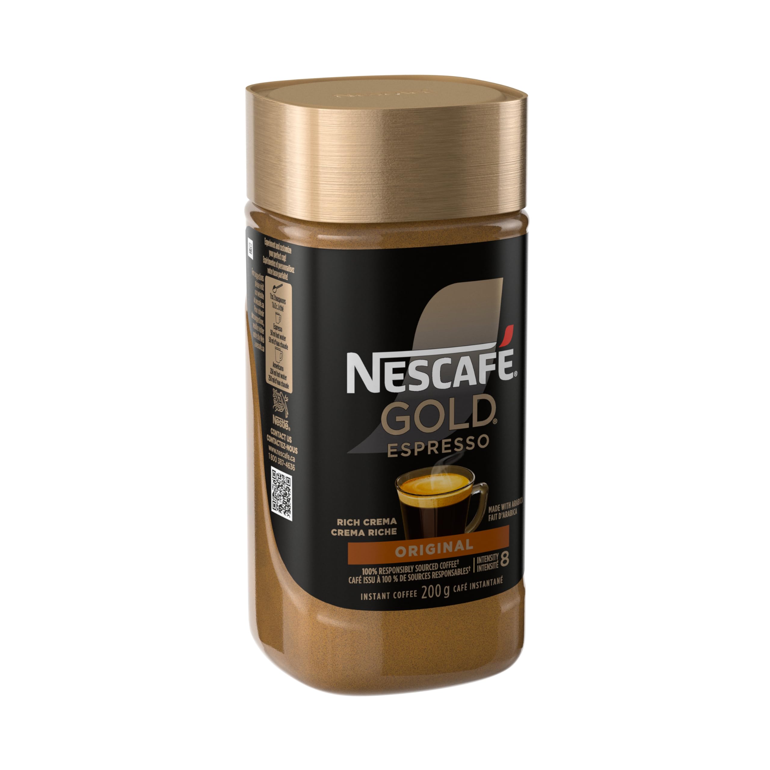 NESCAFE Gold Espresso Instant Coffee scoop beside the canister for quick brews.