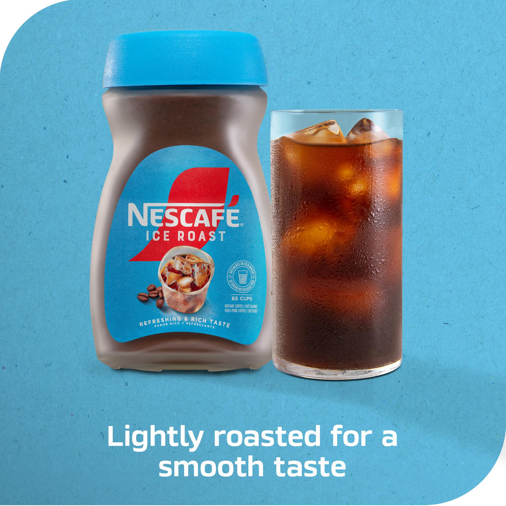 NESCAFÉ Ice Roast jar back label showing 6 oz packaging and convenience.