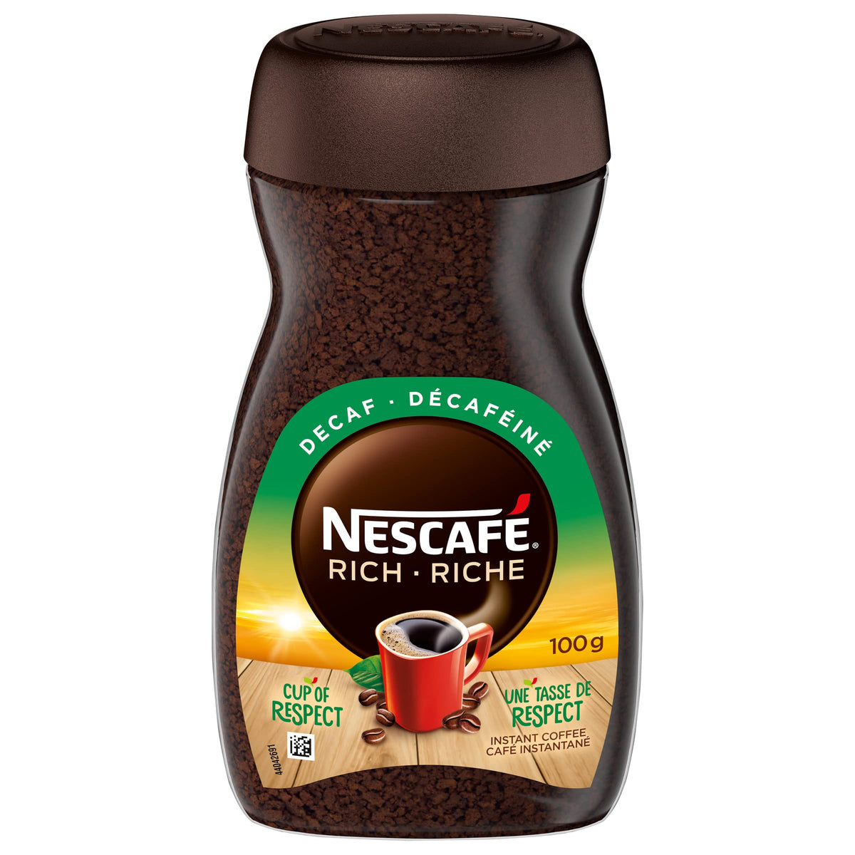 NESCAFÉ Rich Decaf jar 100 g on shelf, ready for caffeine-free mornings.