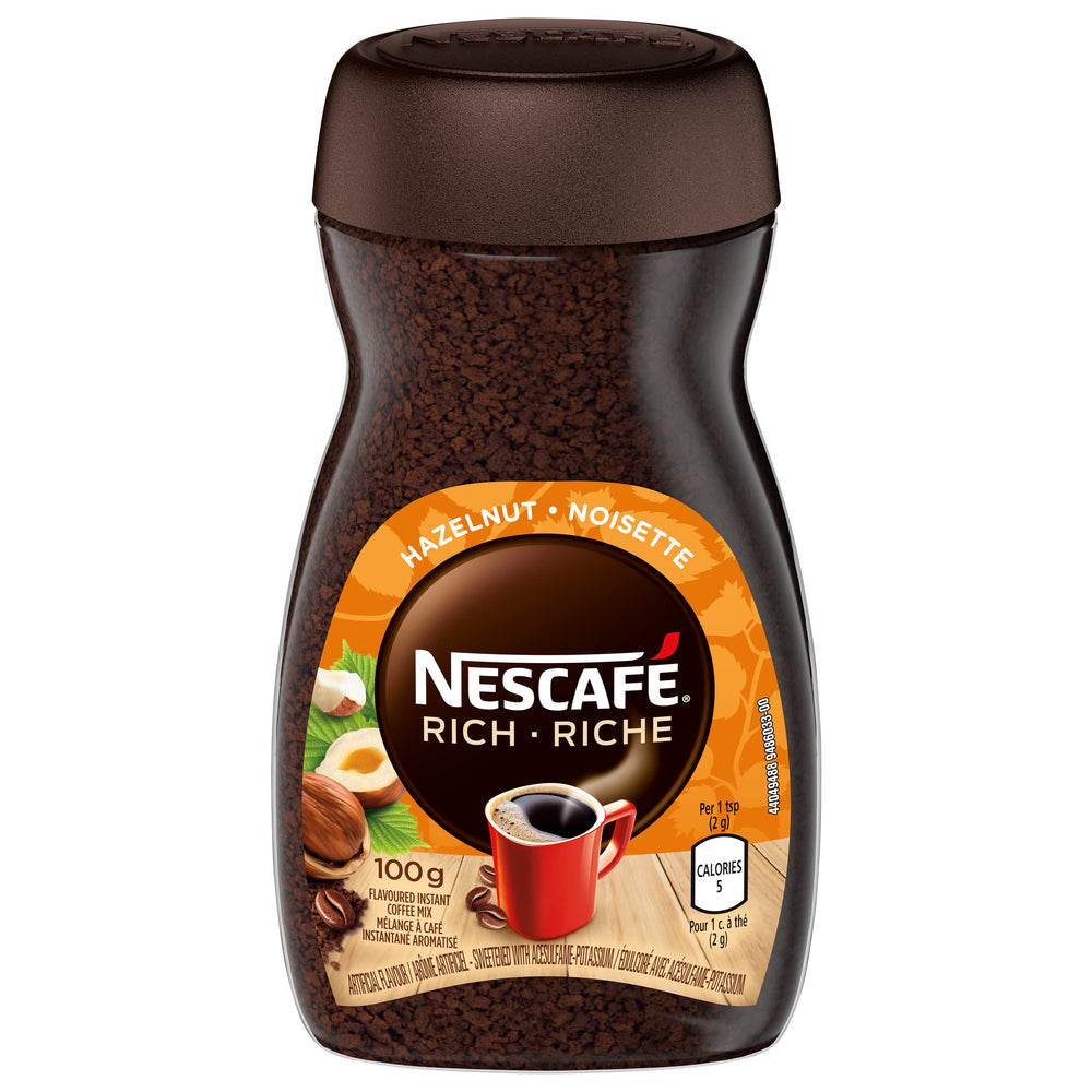 NESCAFÉ Rich Instant Coffee Hazelnut jar showcases bold aroma for quick, flavorful mornings.