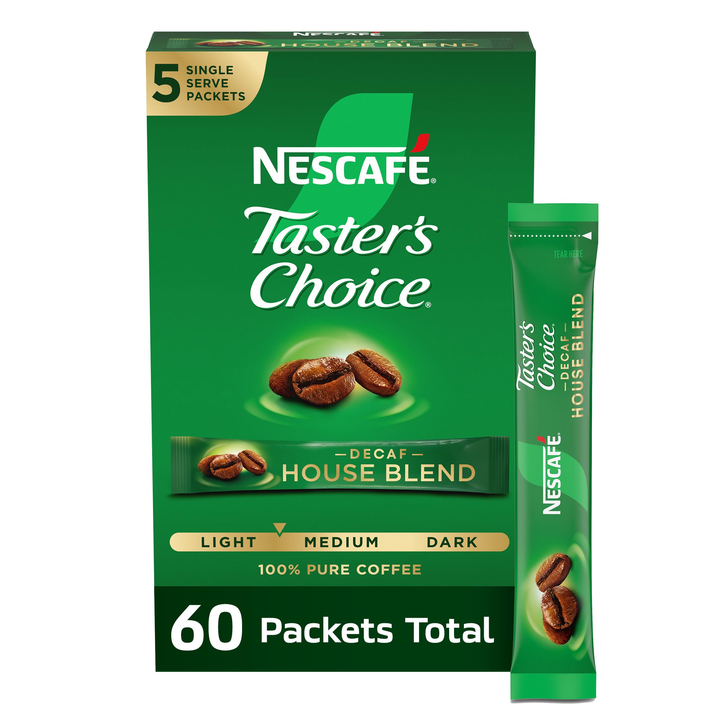 NESCAFÉ Taster's Choice Decaf House Blend pack of 60 sachets for quick, convenient mornings.