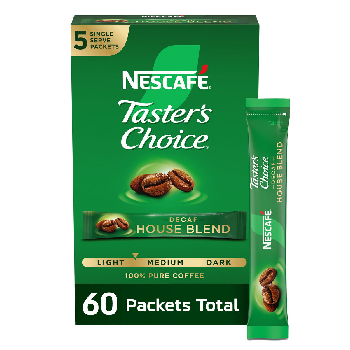 NESCAFÉ Taster's Choice Decaf House Blend pack of 60 sachets for quick, convenient mornings.