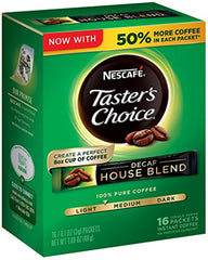 NESCAFÉ Taster's Choice Decaf House Blend pack with single-serve sticks.