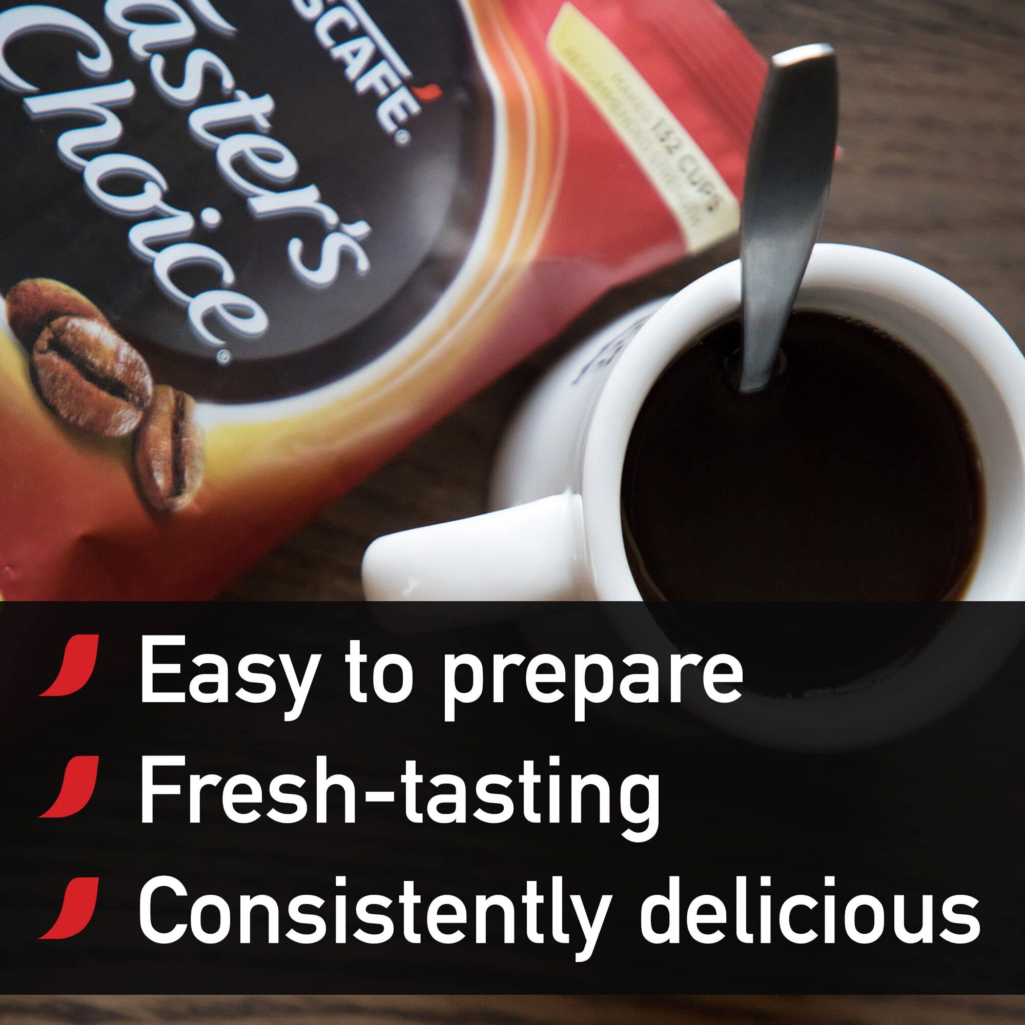 NESCAFE Taster's Choice House Blend instant coffee dissolving in hot water for fast cups.