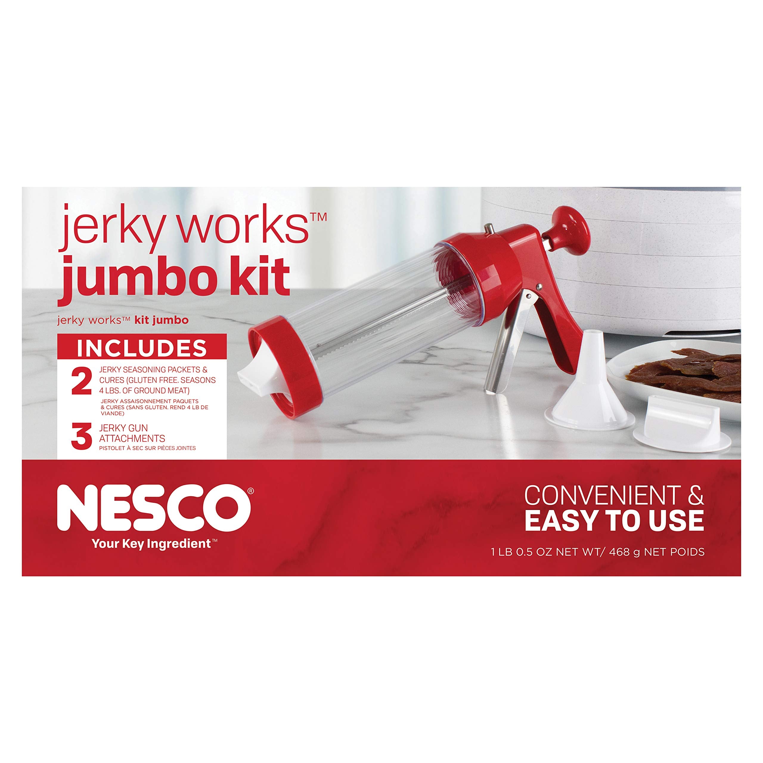 Two cure packs from Nesco kit supporting home jerky preservation.