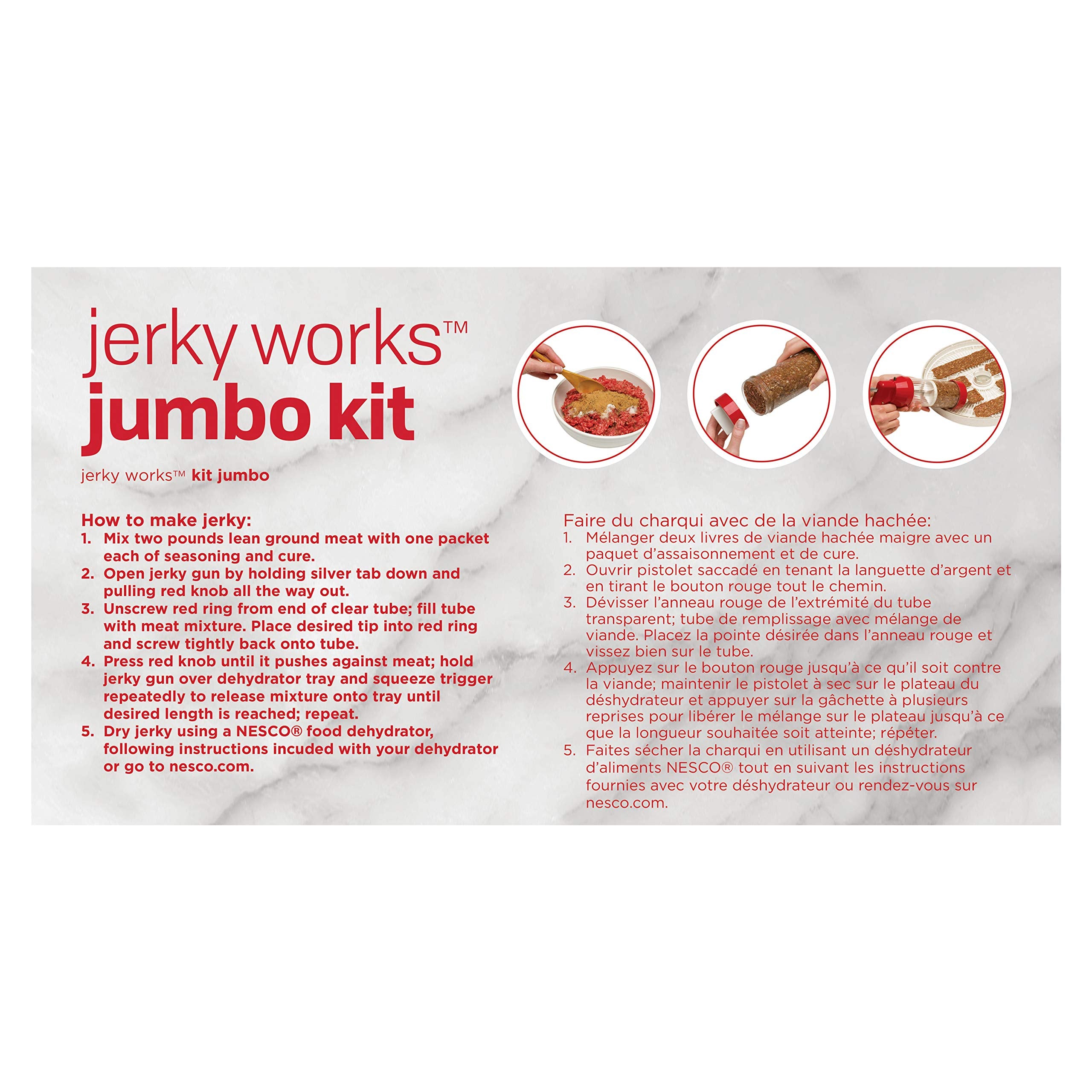 Jerky gun with three attachments from Nesco kit for sticks or strips.