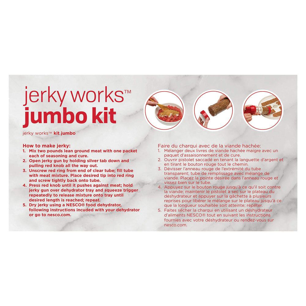 Jerky gun with three attachments from Nesco kit for sticks or strips.