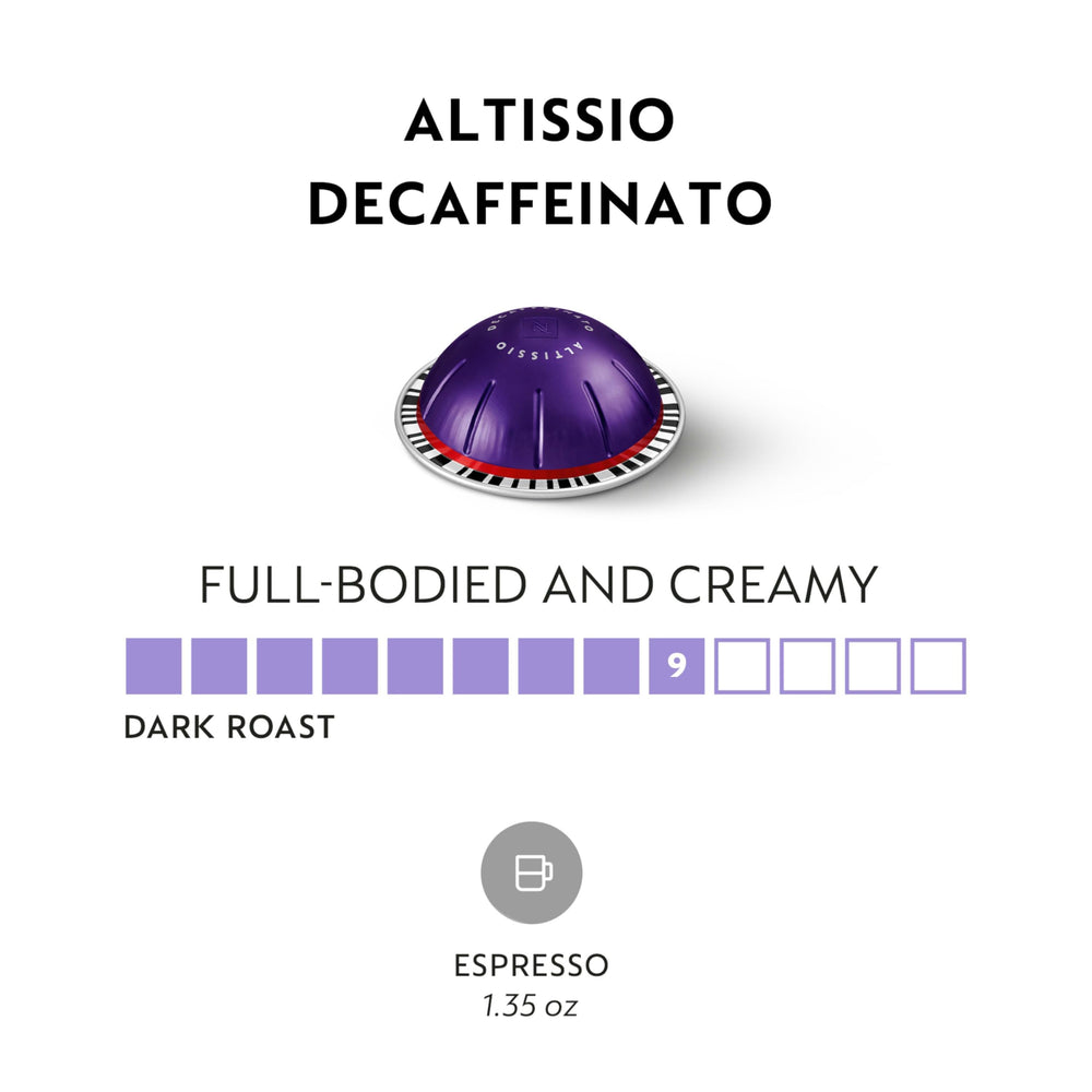 Nespresso Altissio Decaffeinato Vertuo crema closeup highlights velvety texture.