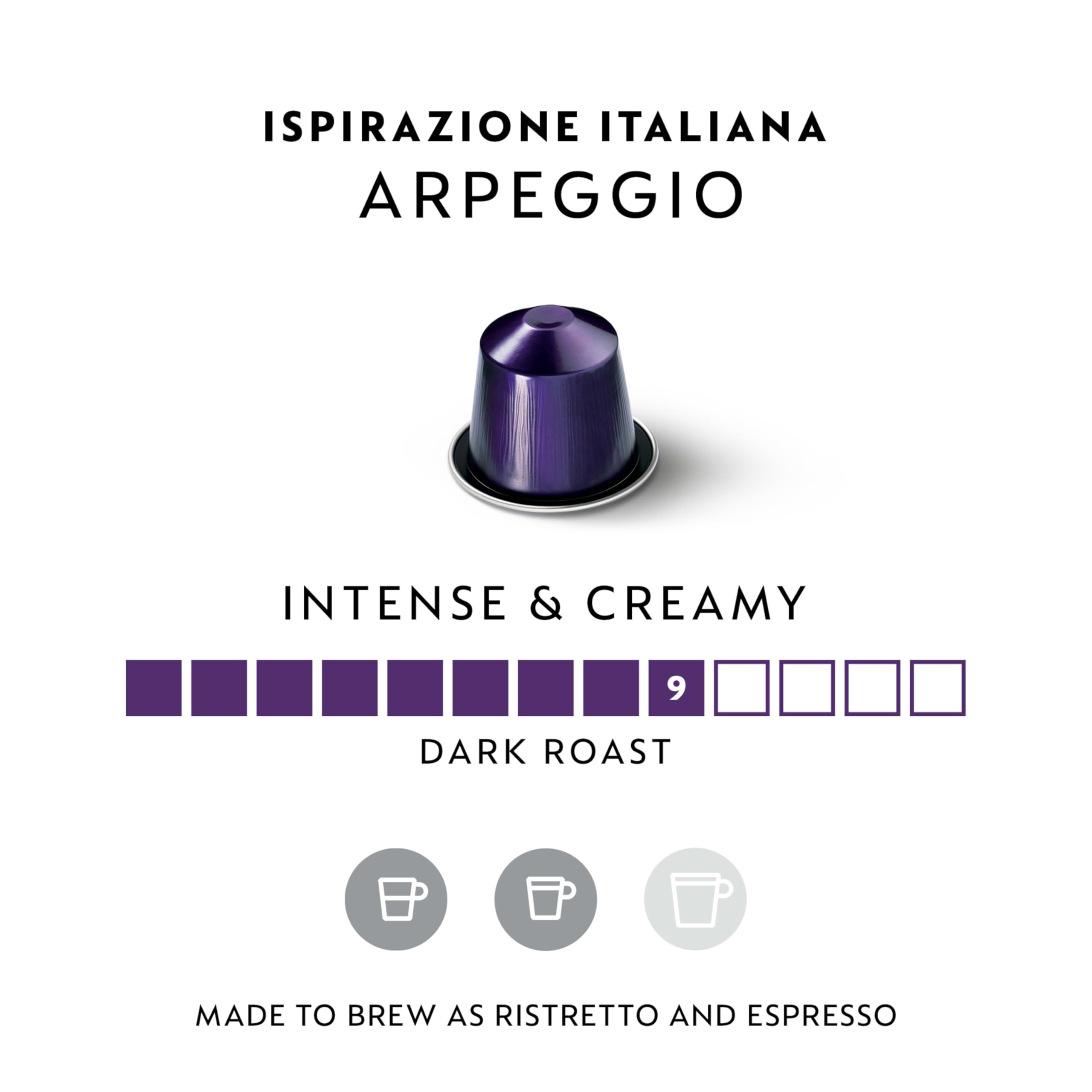 Nespresso Arpeggio capsules showing crema-rich, arabica profile.