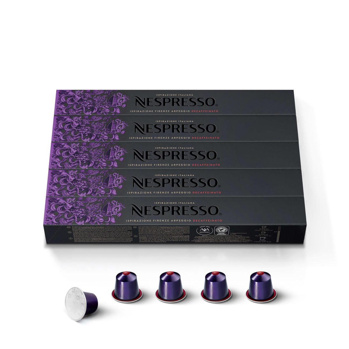 Nespresso Arpeggio Decaffeinato capsules box for home brewing.