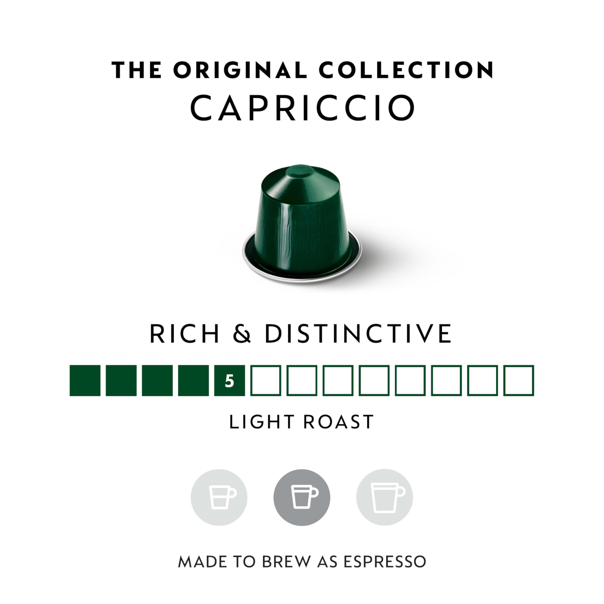 Close-up of Capriccio pod highlighting compact shape and branding