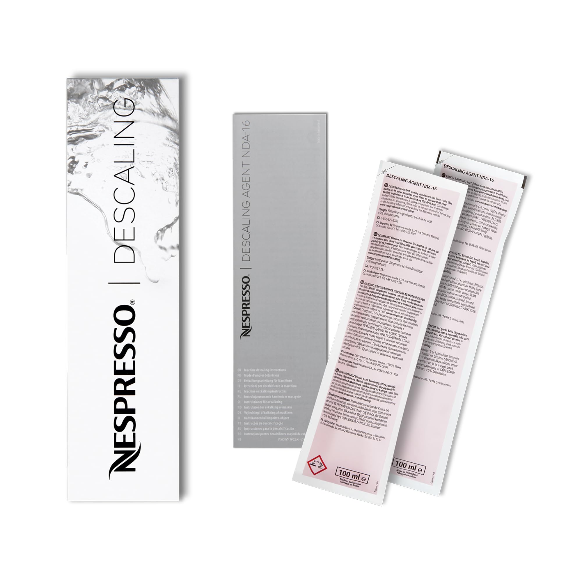 Nespresso descaling kit 2-pack box showing contents for easy maintenance