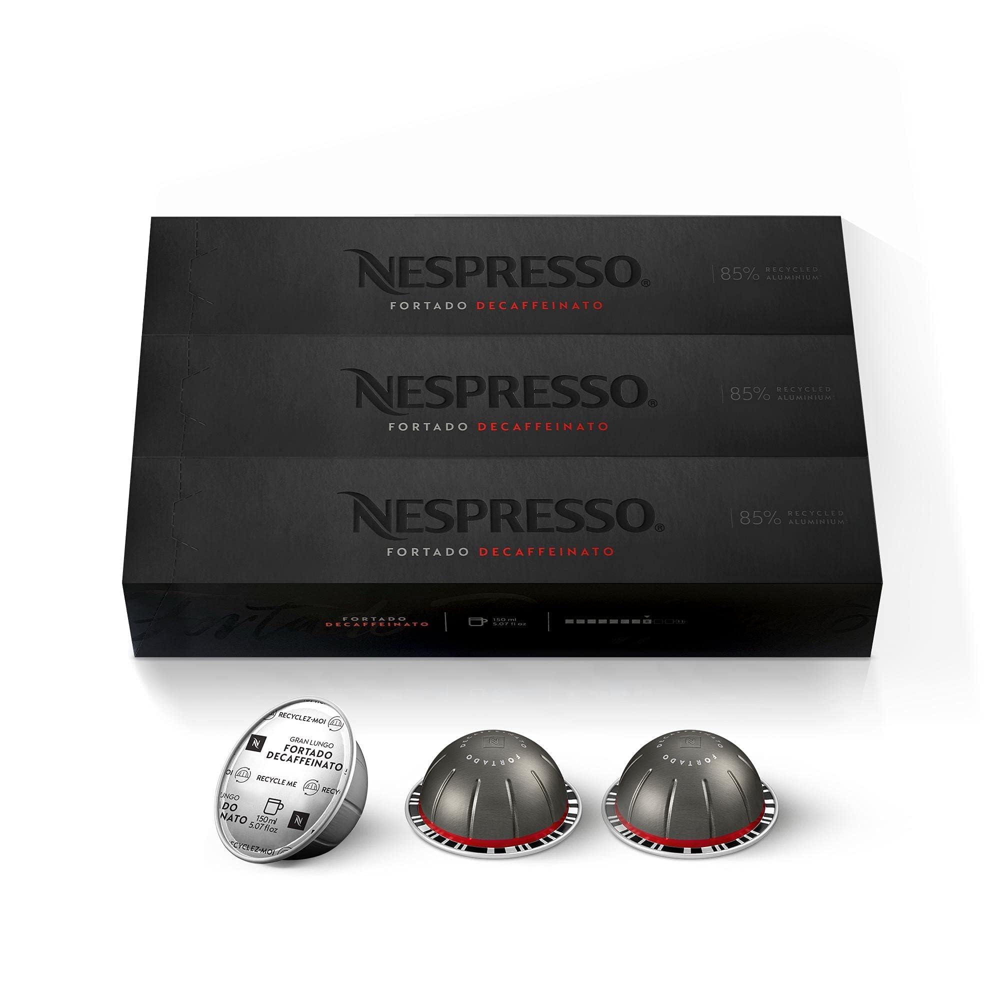 Nespresso Fortado Decaffeinato Gran Lungo pod for Vertuo, bold decaf option.