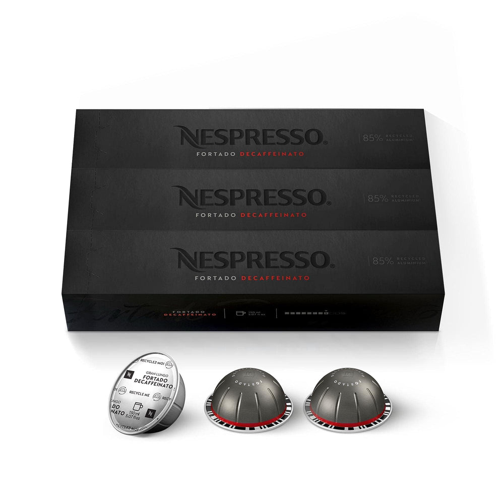 Nespresso Fortado Decaffeinato Gran Lungo pod for Vertuo, bold decaf option.
