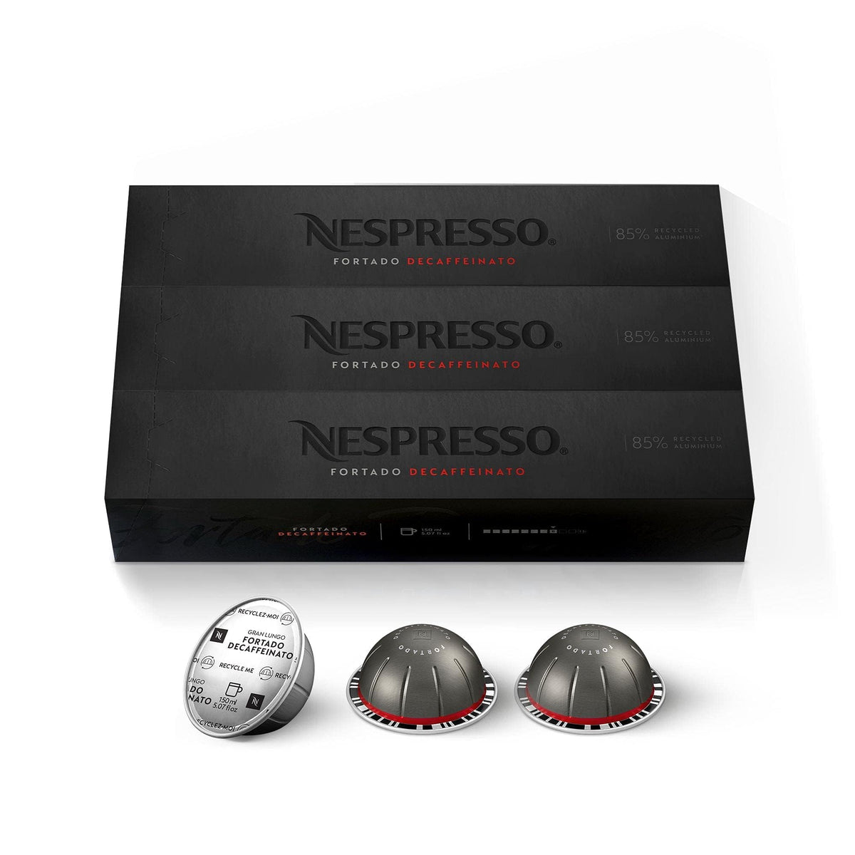 Nespresso Fortado Decaffeinato Gran Lungo pod for Vertuo, bold decaf option.