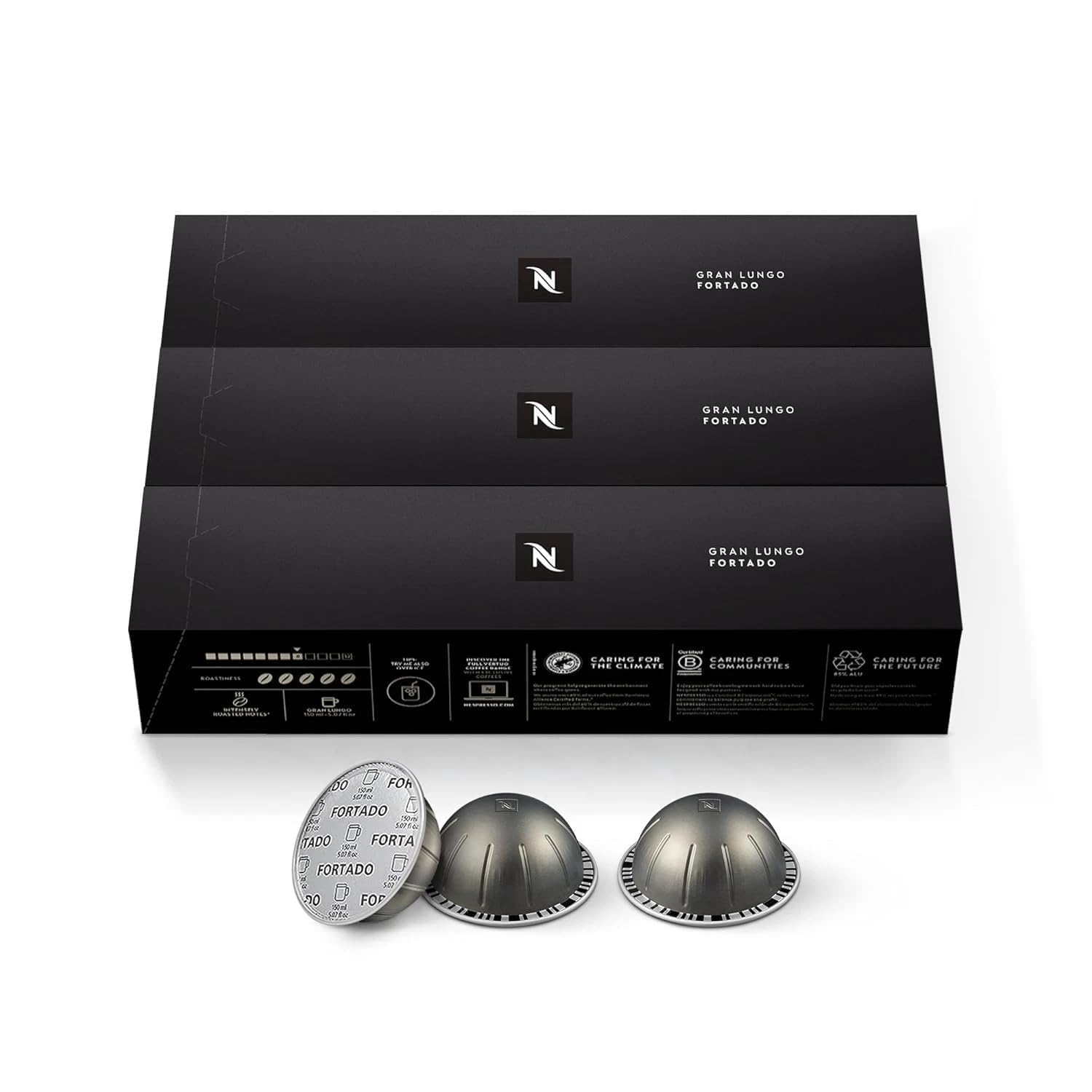 Nespresso Fortado Gran Lungo capsule closeup, showcasing intense espresso potential.