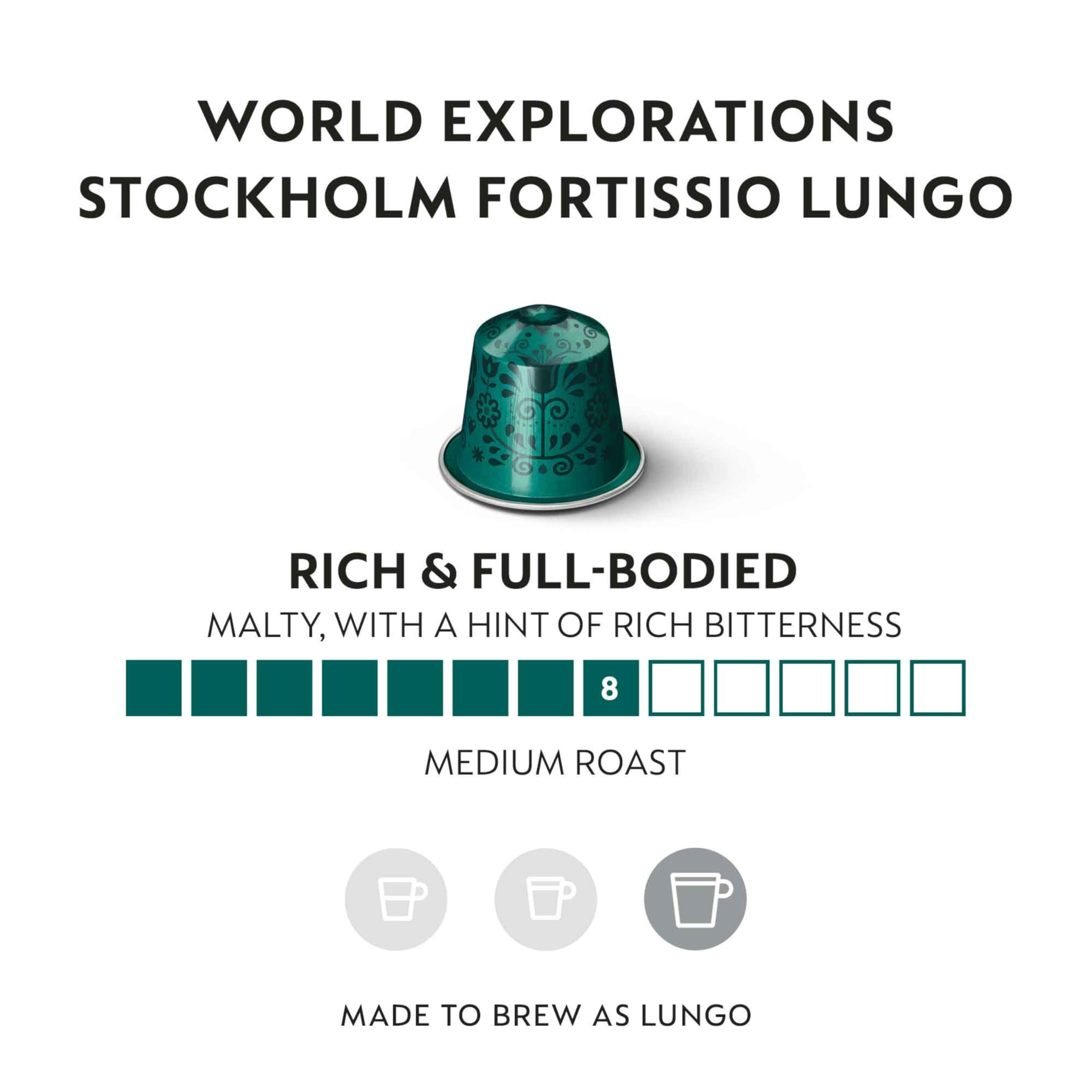 Nespresso Fortissio Lungo dark roast capsules highlighting bold, malty notes.