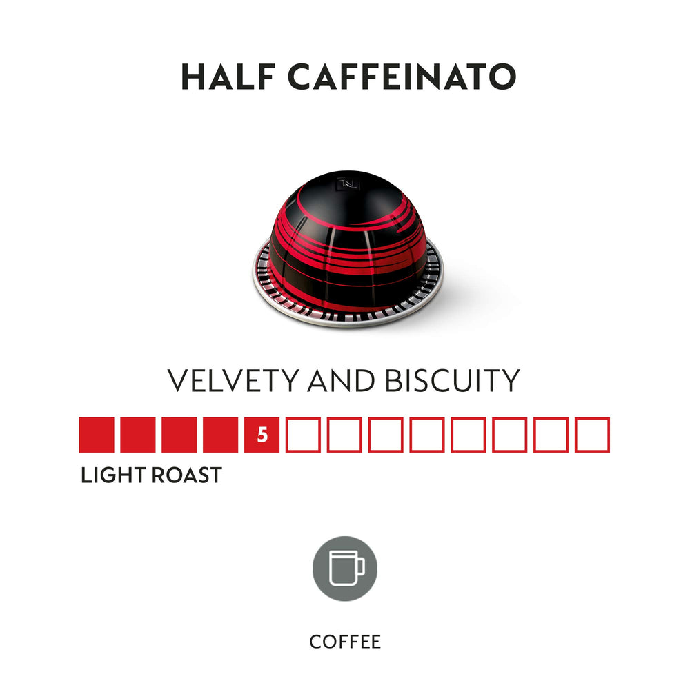 Cup of Nespresso Half Caffeinato in a mug, long 7.77 oz serving.