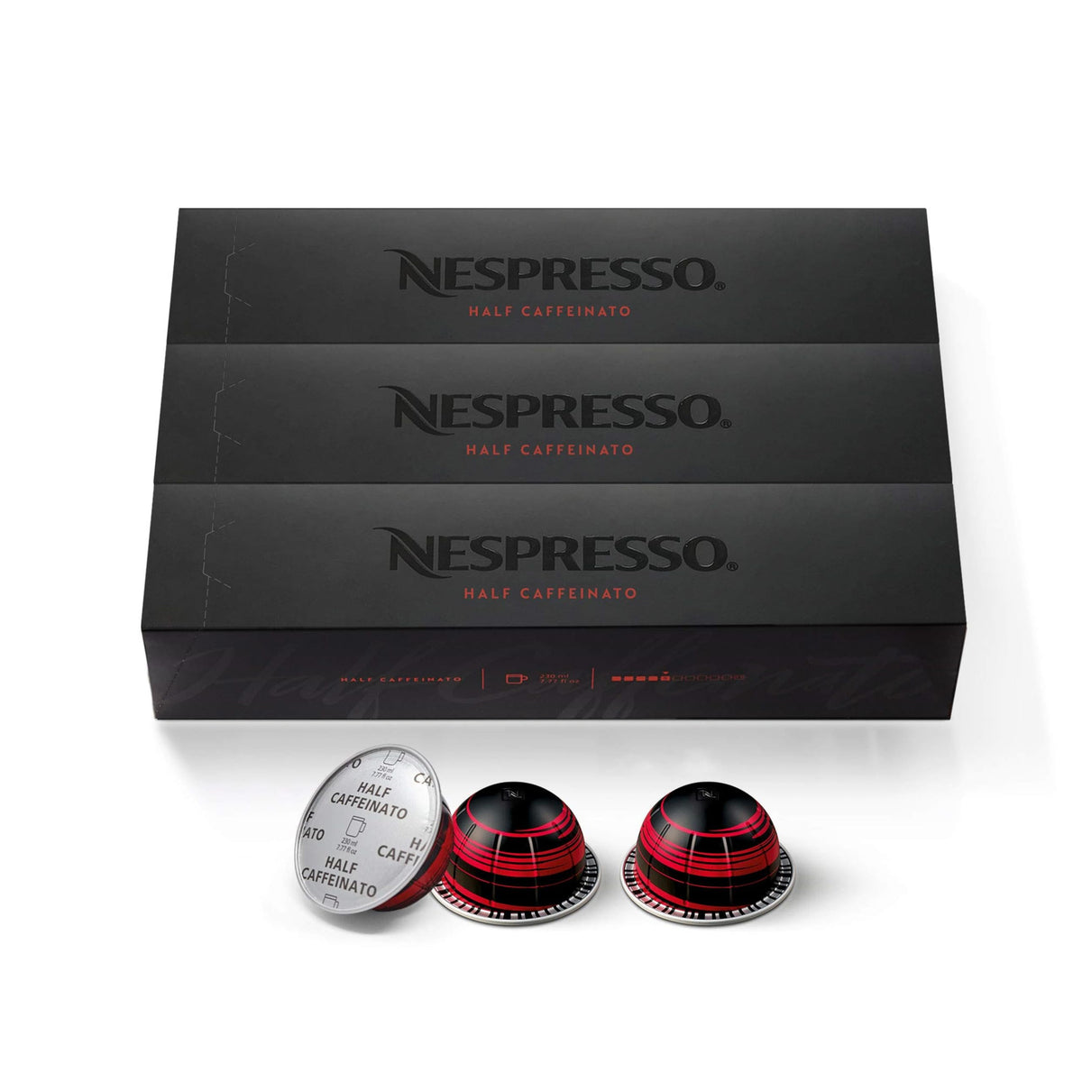 Nespresso Half Caffeinato pack front, balanced caffeine and smooth flavor.