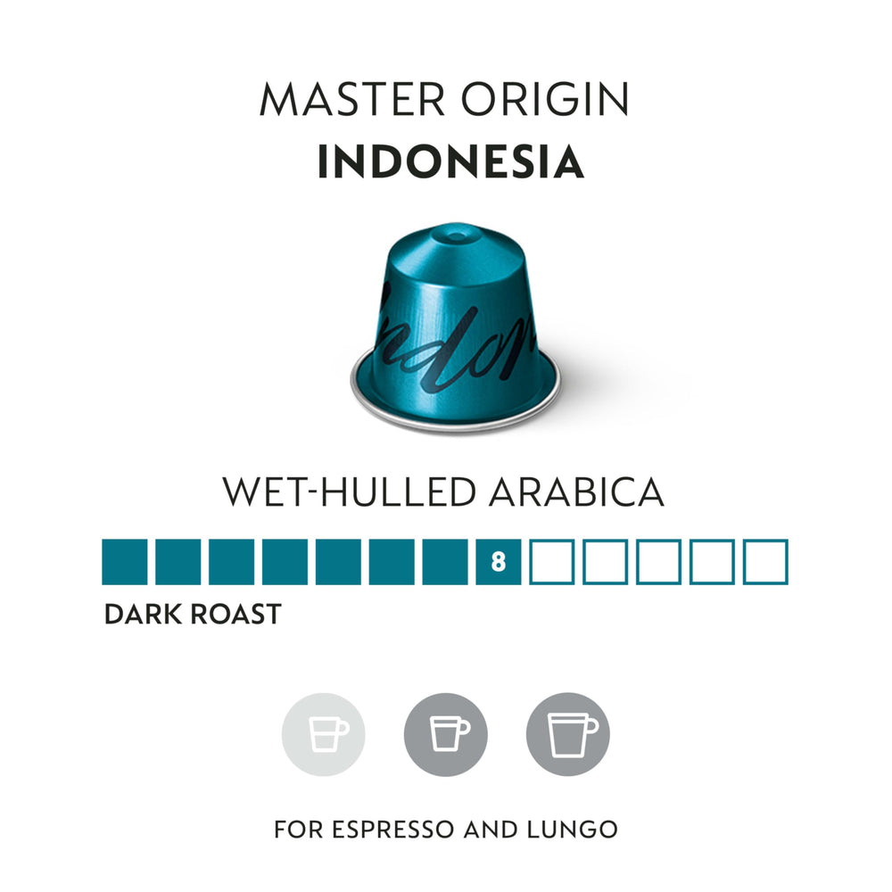 Nespresso Master Origin Indonesia capsule visual showcases rich tobacco notes.