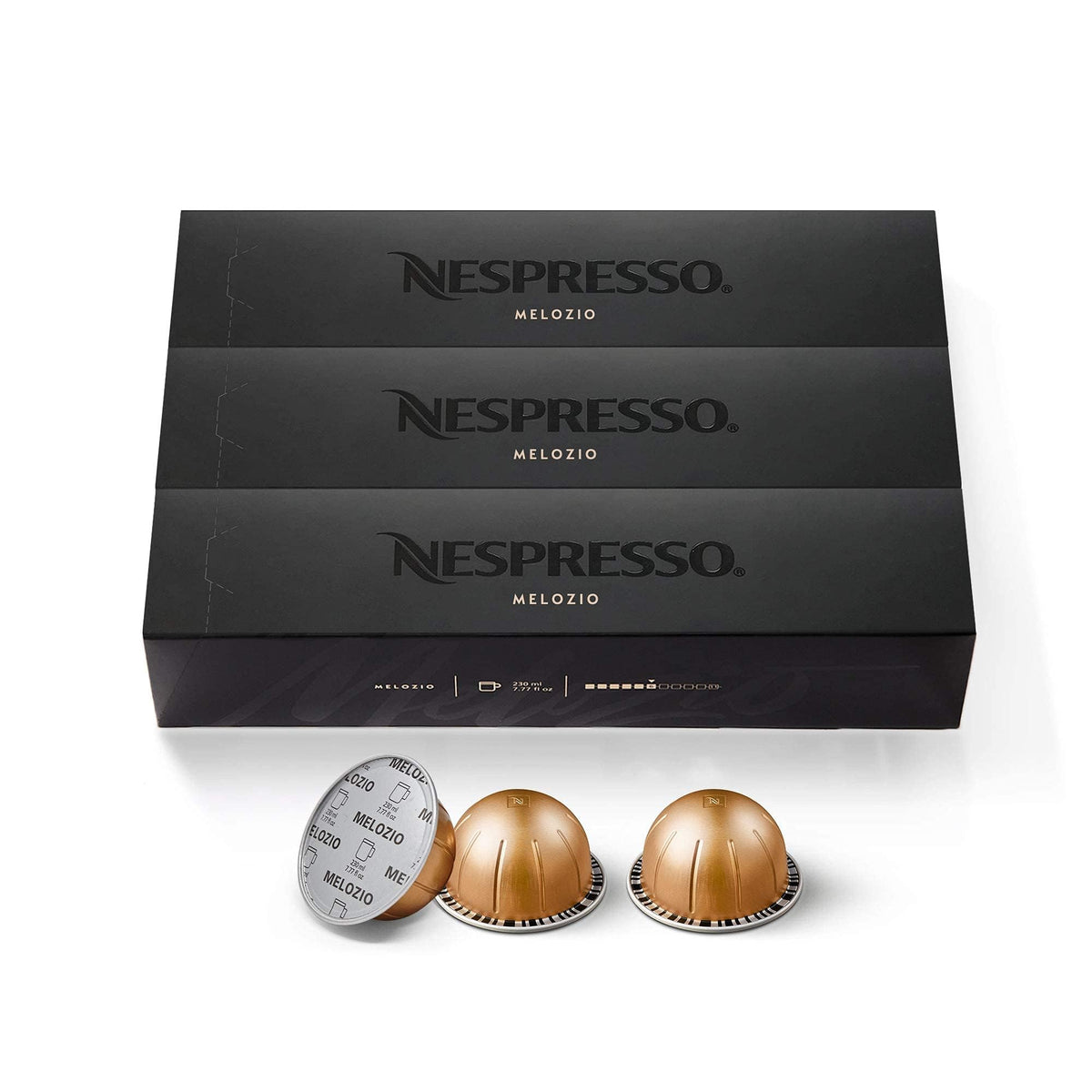 Nespresso Melozio Vertuo capsules pack for a smooth, balanced coffee experience.