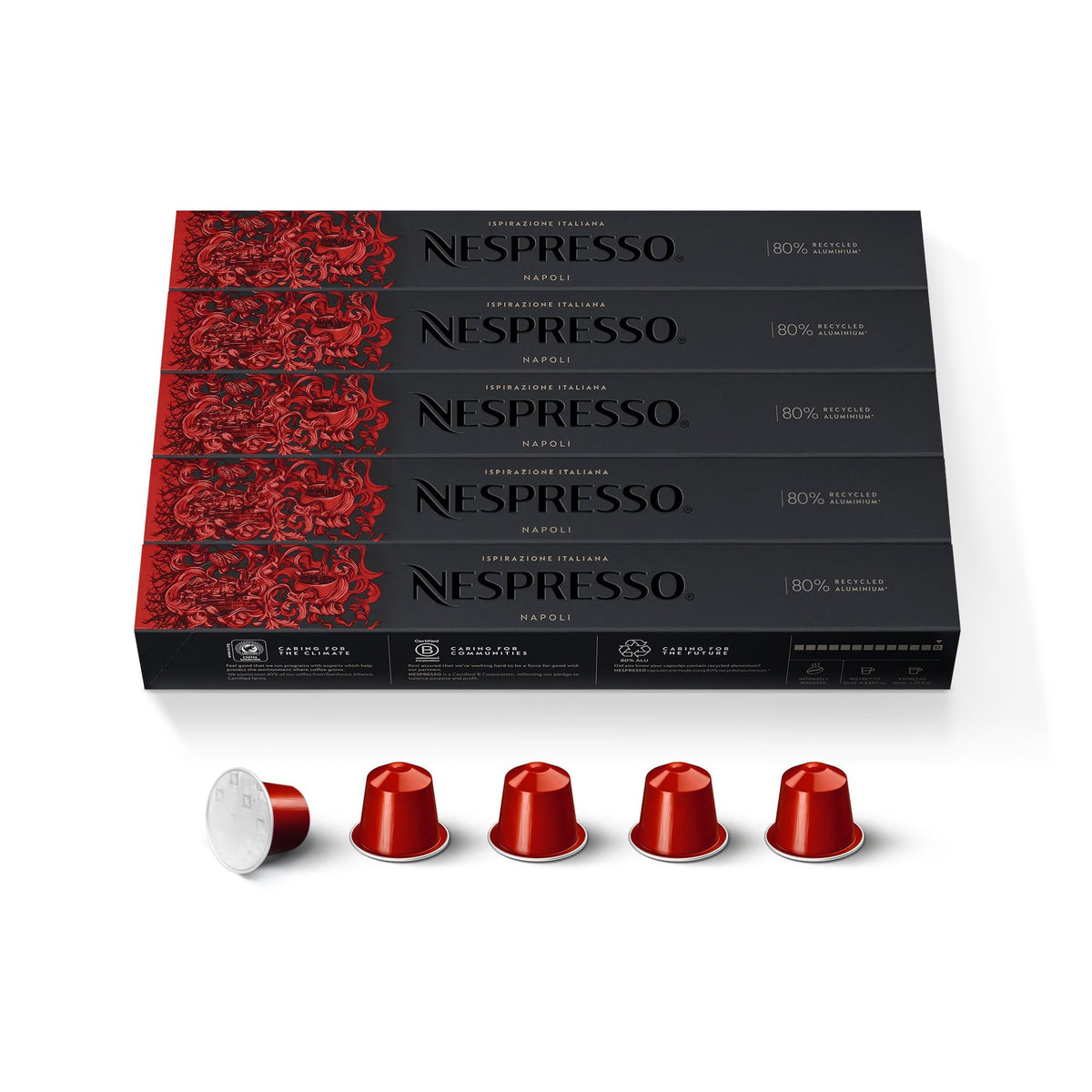 Nespresso Napoli dark roast capsules in a 50-count pack deliver intense crema.