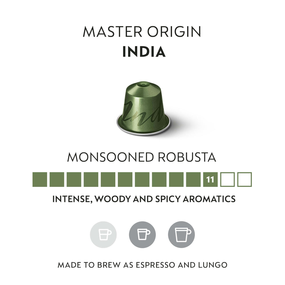 Nespresso Original India Master Origin aluminum capsule close-up highlighting recyclability.