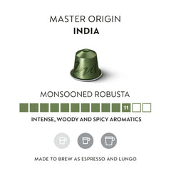 Nespresso Original India Master Origin aluminum capsule close-up highlighting recyclability.