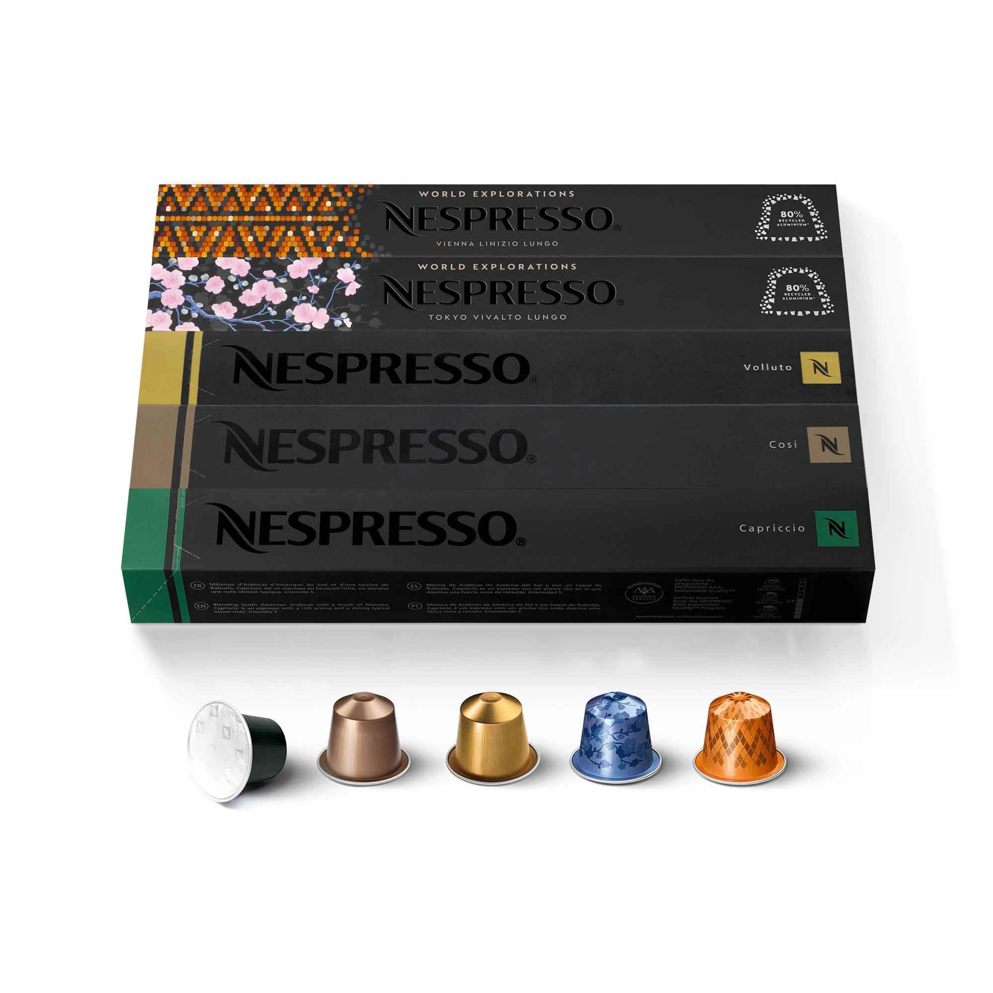 Nespresso Original Line mild roast 50-count pack on kitchen shelf for easy mornings.