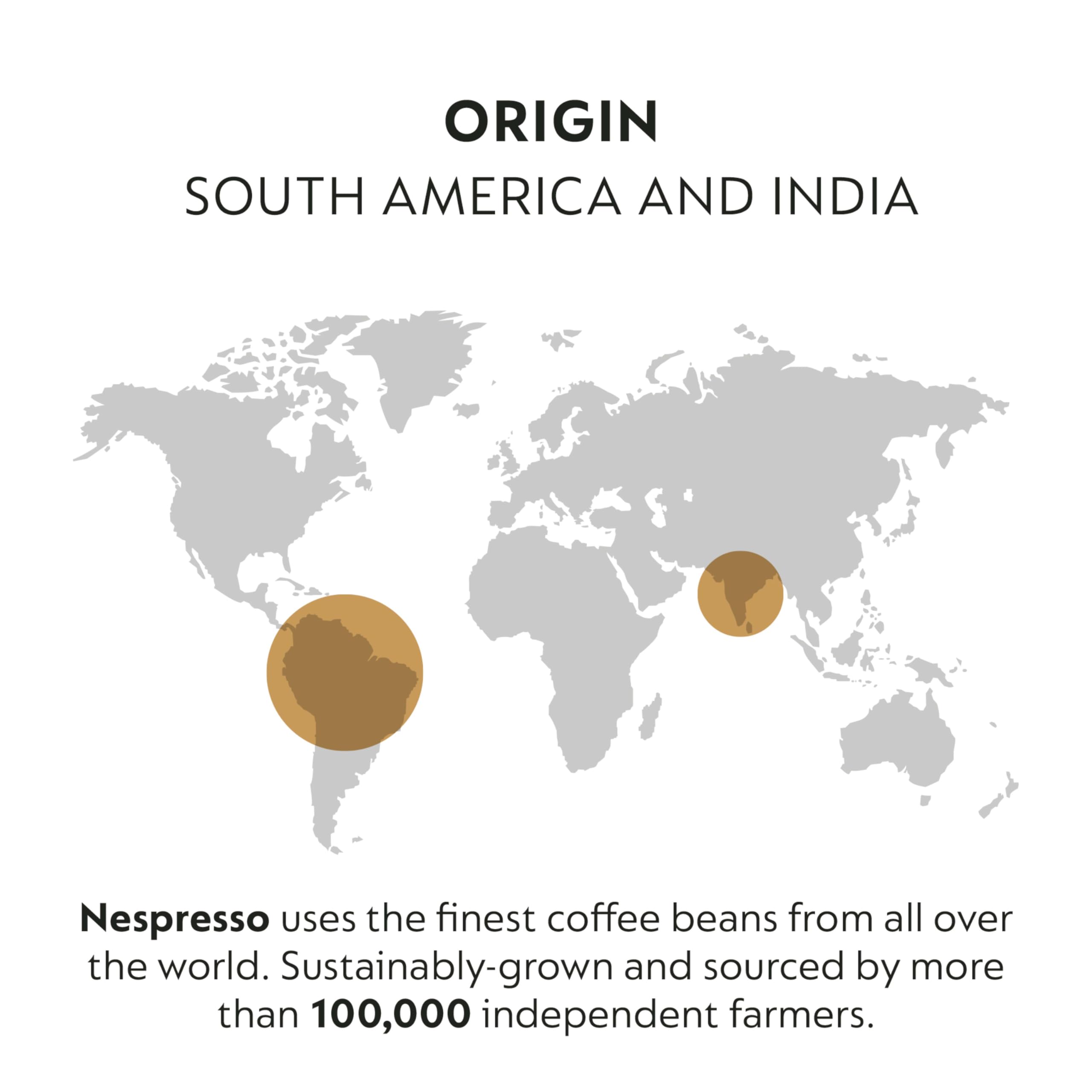 Nespresso Robusta Arabica blend beans shown, hinting at cocoa and oak notes.