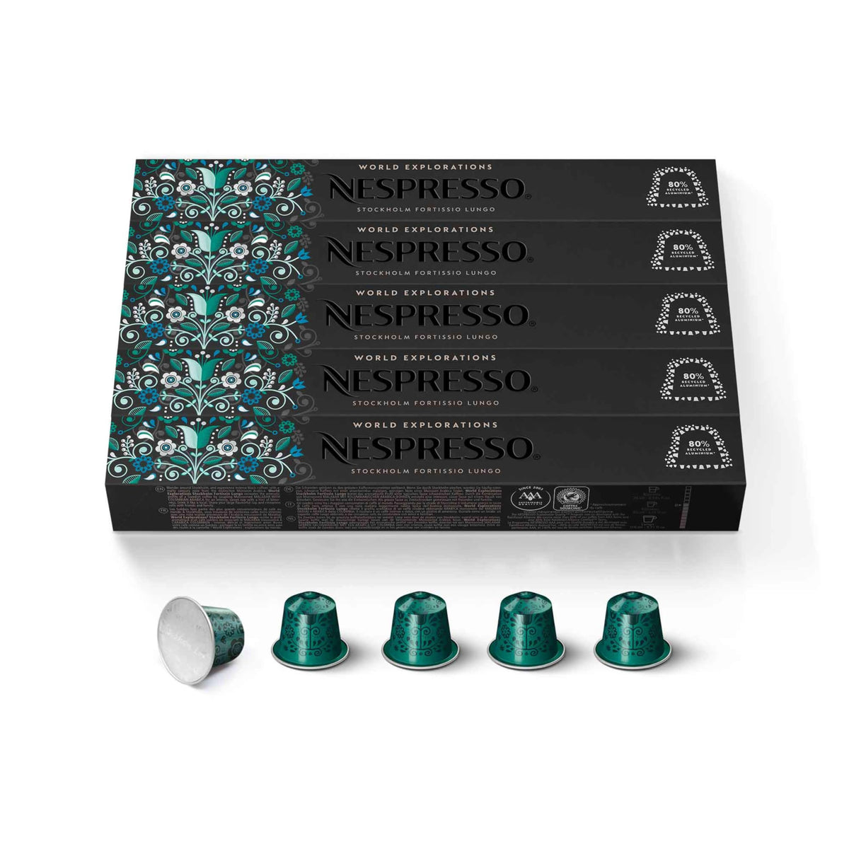 Nespresso Stockholm Lungo capsules pack showing a rich, long coffee experience.