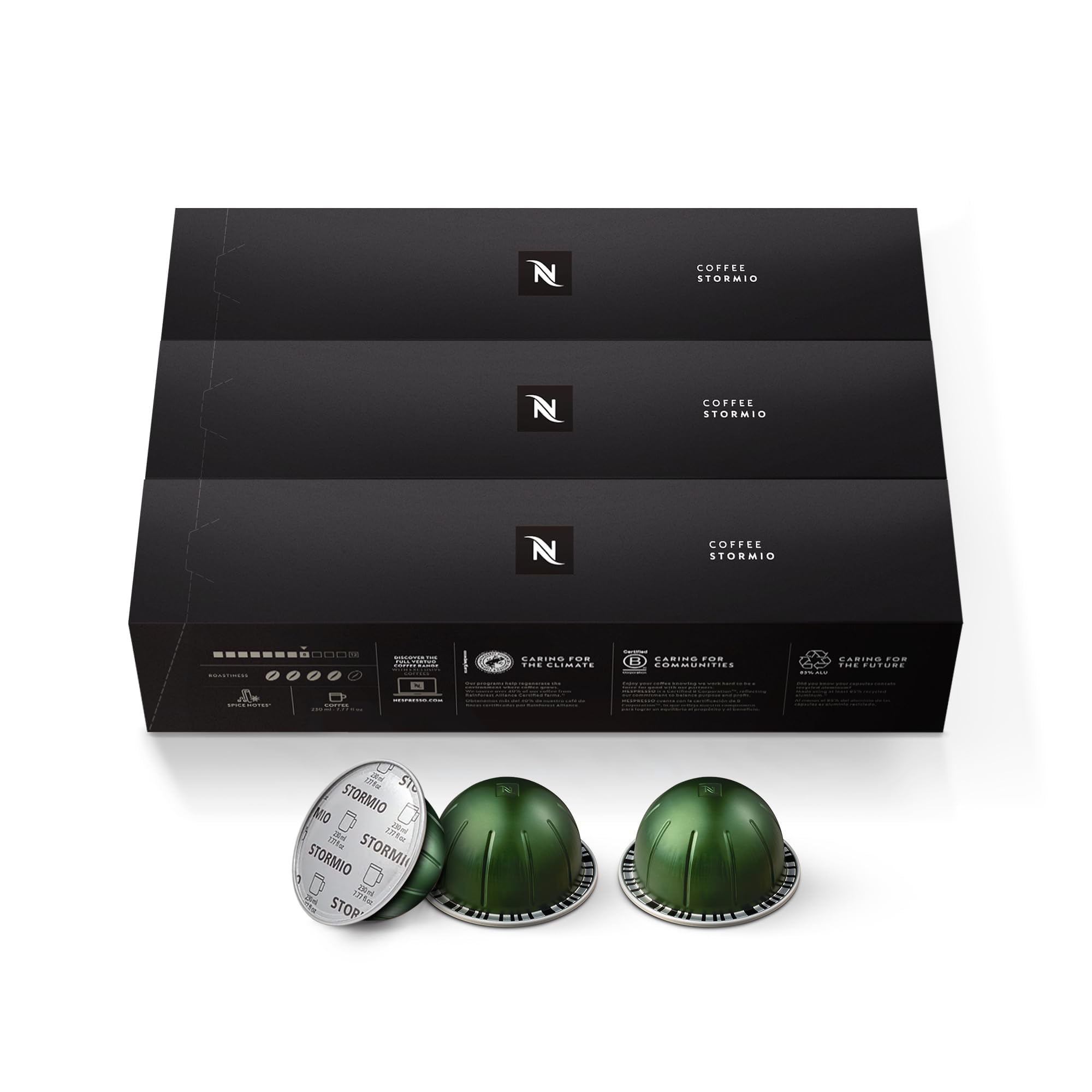Nespresso Stormio Vertuo capsules pack-shot highlighting bold, spicy notes for a full-bodied cup.