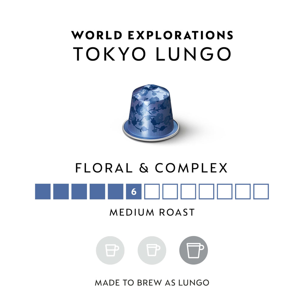 Nespresso Tokyo Lungo cup 3.7 oz highlighting balanced, floral notes for a refined long coffee.