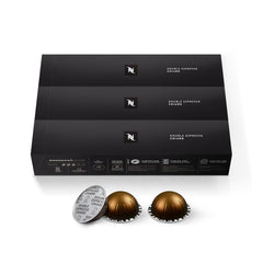 Nespresso Vertuo Double Espresso Chiaro packshot shows convenient 30-count pods for everyday use