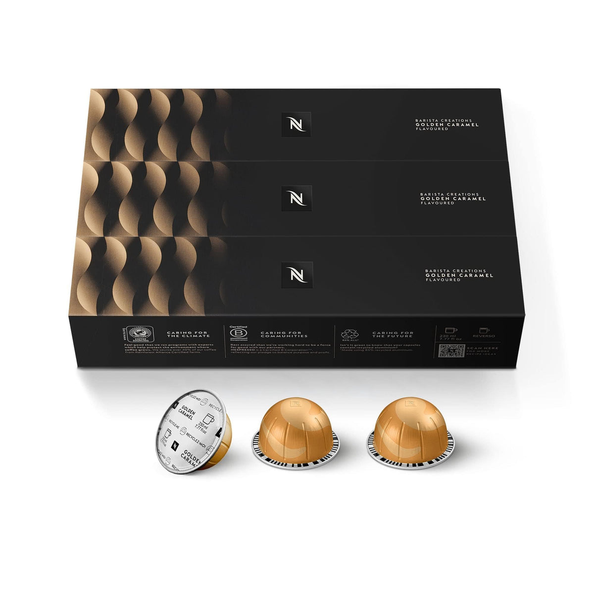 Closeup of Nespresso Vertuo Golden Caramel capsule highlighting caramel notes for a cozy treat.