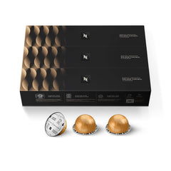 Closeup of Nespresso Vertuo Golden Caramel capsule highlighting caramel notes for a cozy treat.
