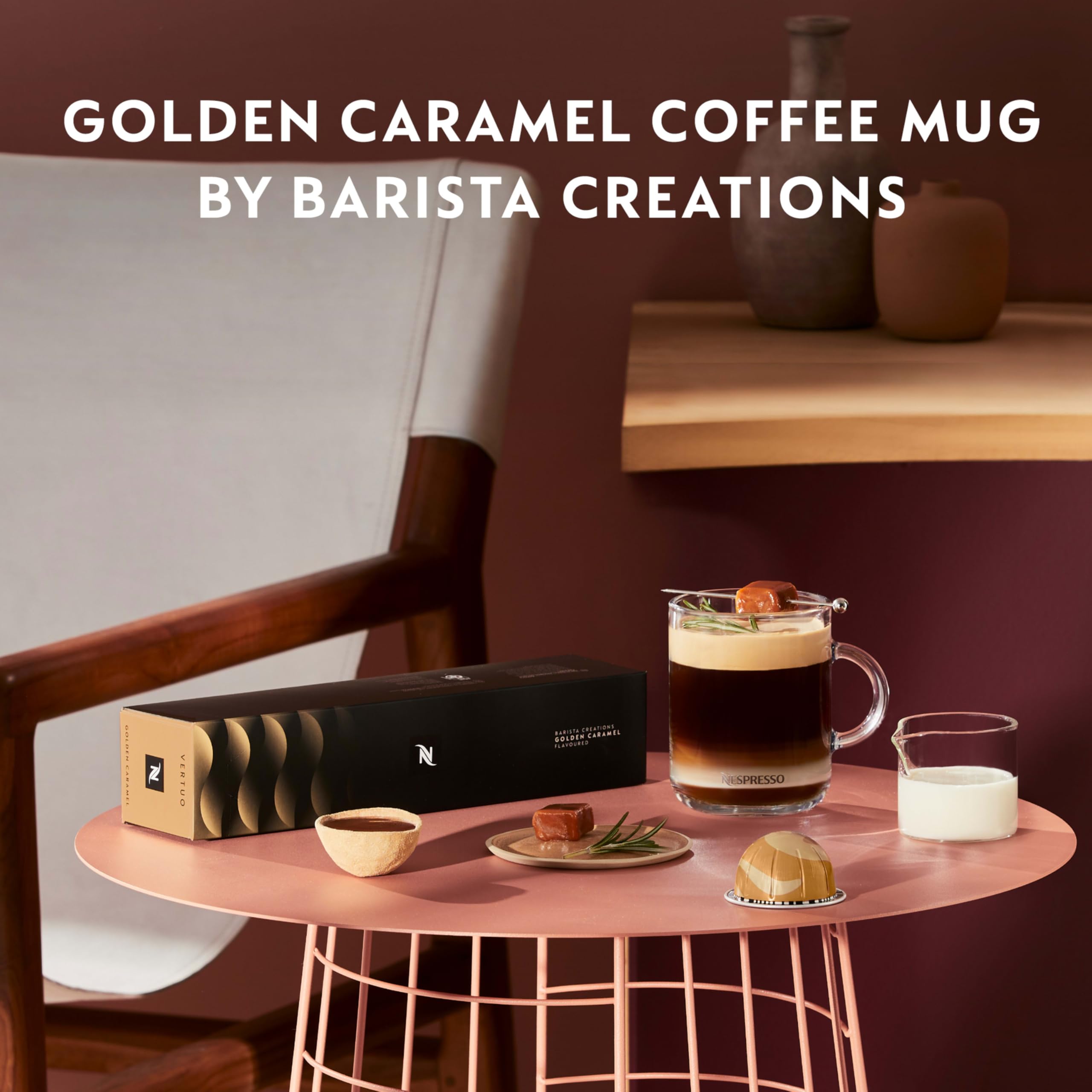 Milk being poured beside Nespresso Vertuo Golden Caramel cup for creaminess.