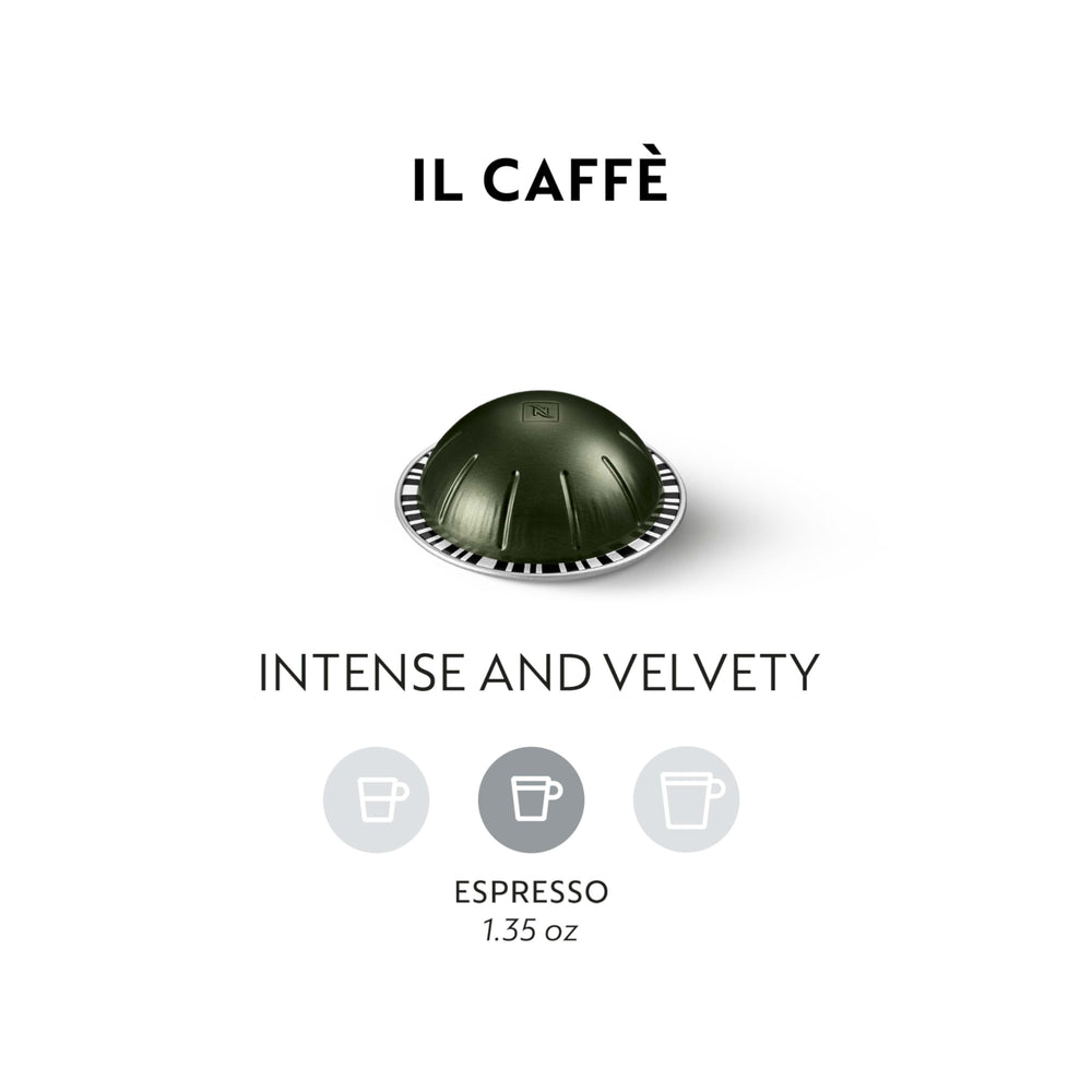 Nespresso Vertuo Il Caffè capsules close-up showing 50-count pack and premium roast