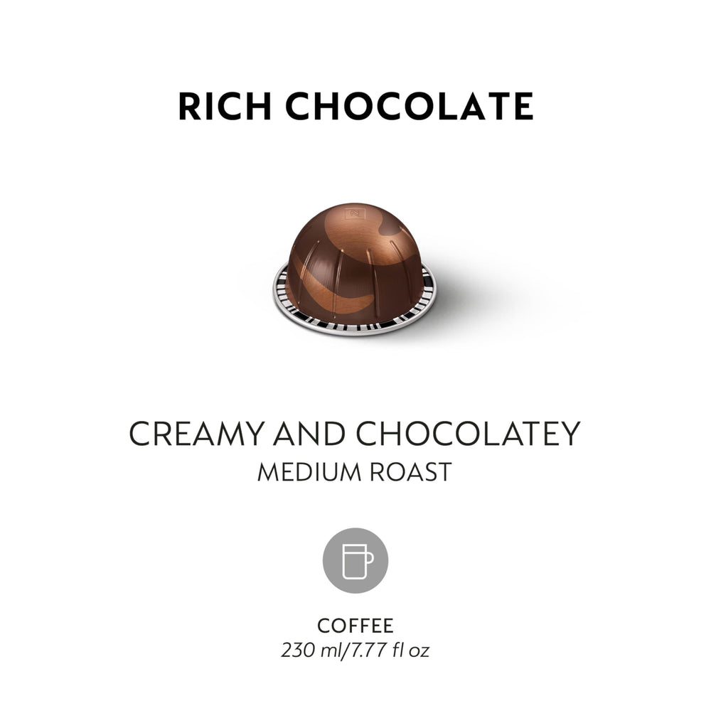 Nespresso Vertuo Rich Chocolate cup prepared to savor a chocolate-forward aroma.