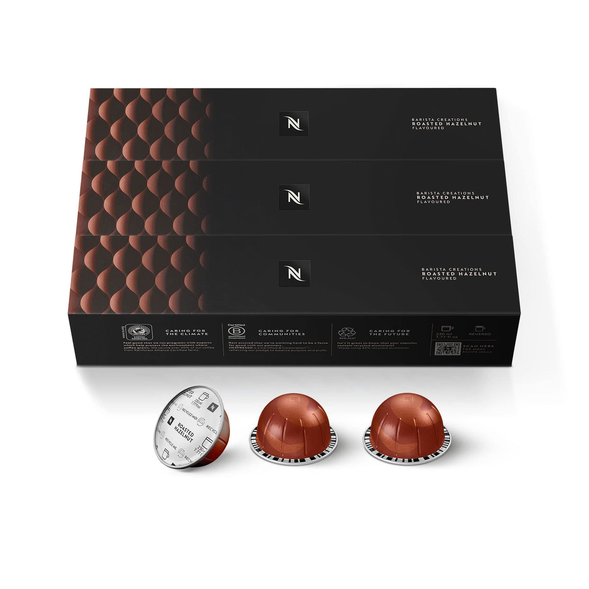 Nespresso Vertuo roasted hazelnut capsule closeup, bold aroma for a flavorful espresso moment.