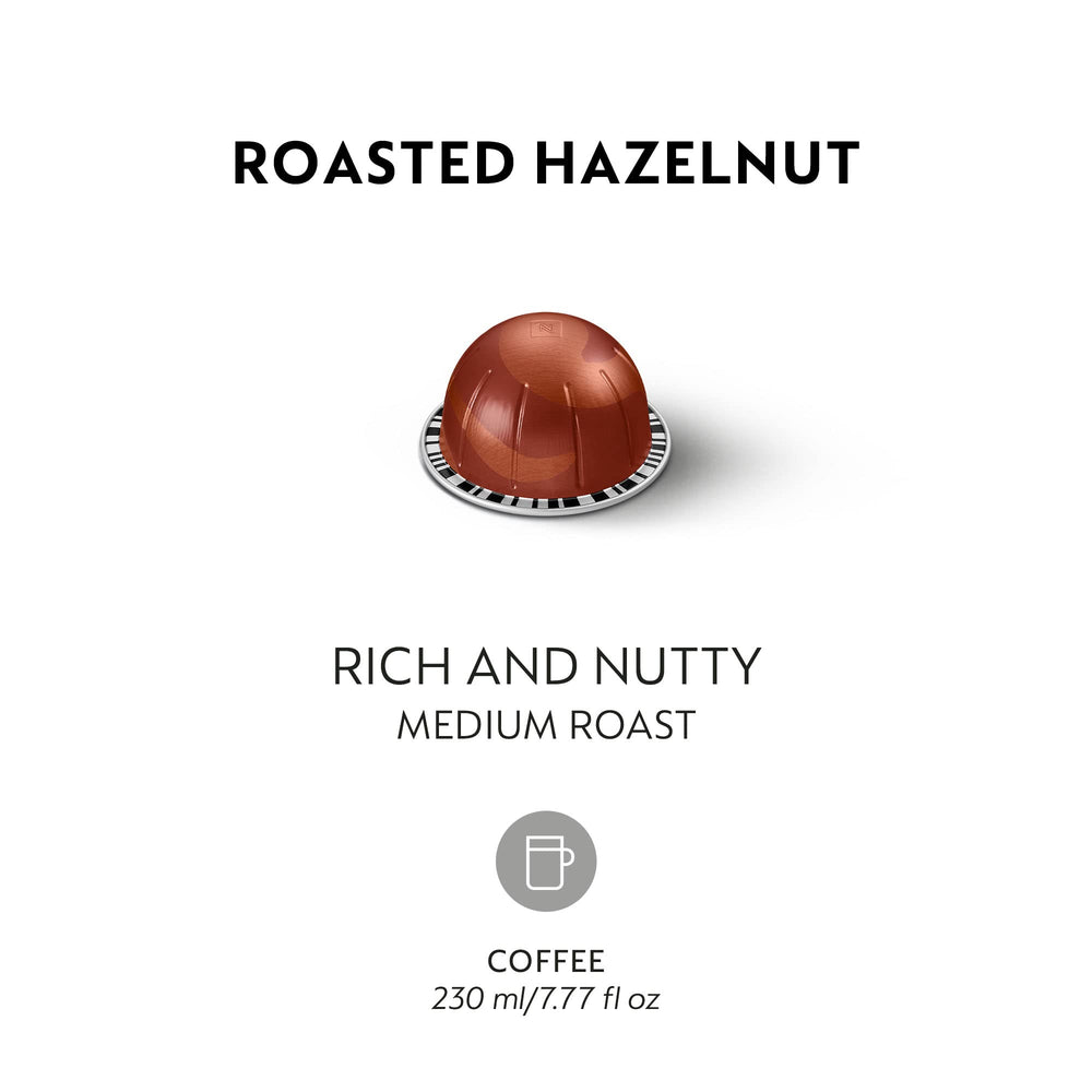 Nespresso Vertuo hazelnut capsule with pour reveals creamy crema and biscuit tones.