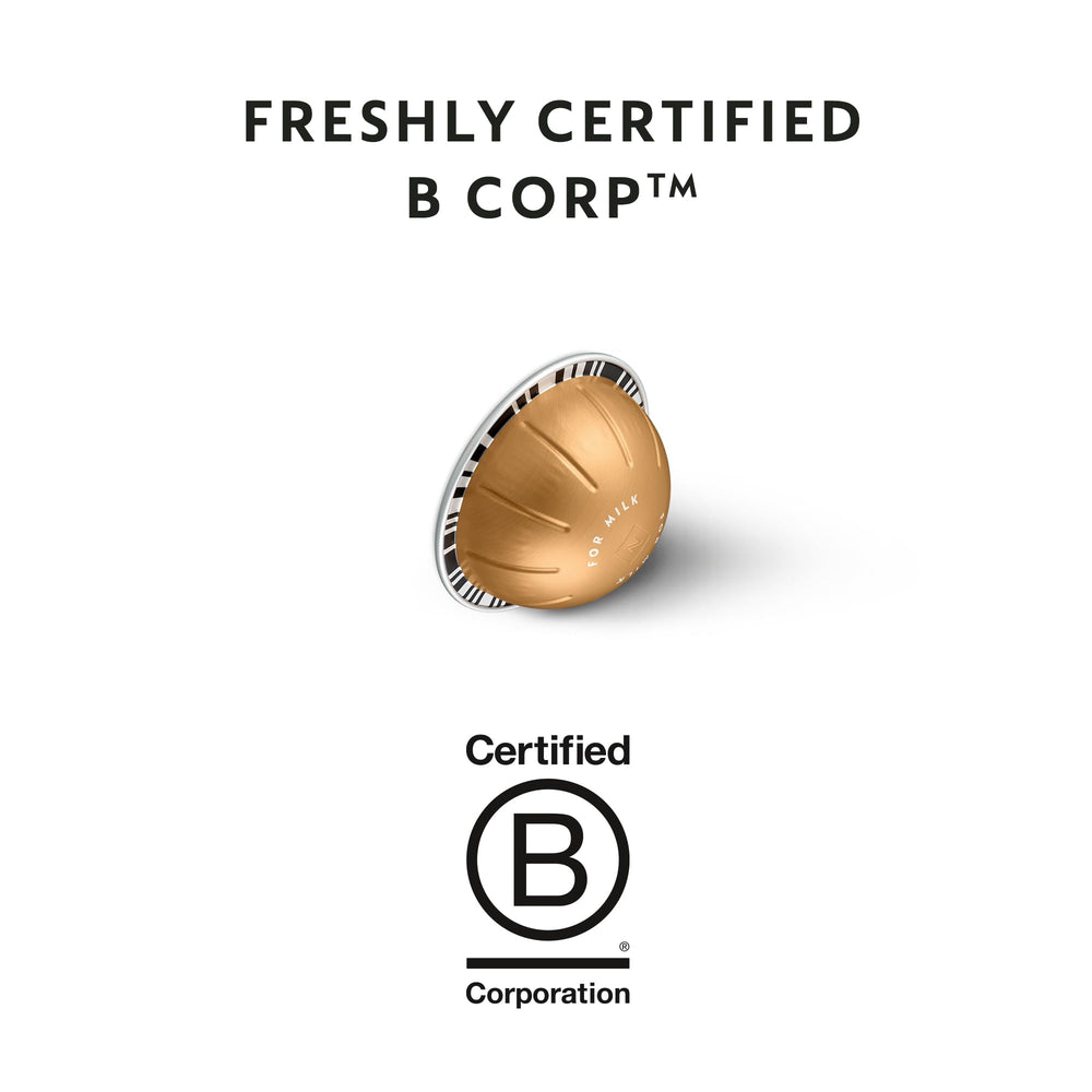 Nespresso sustainability badge on Vertuo packaging.