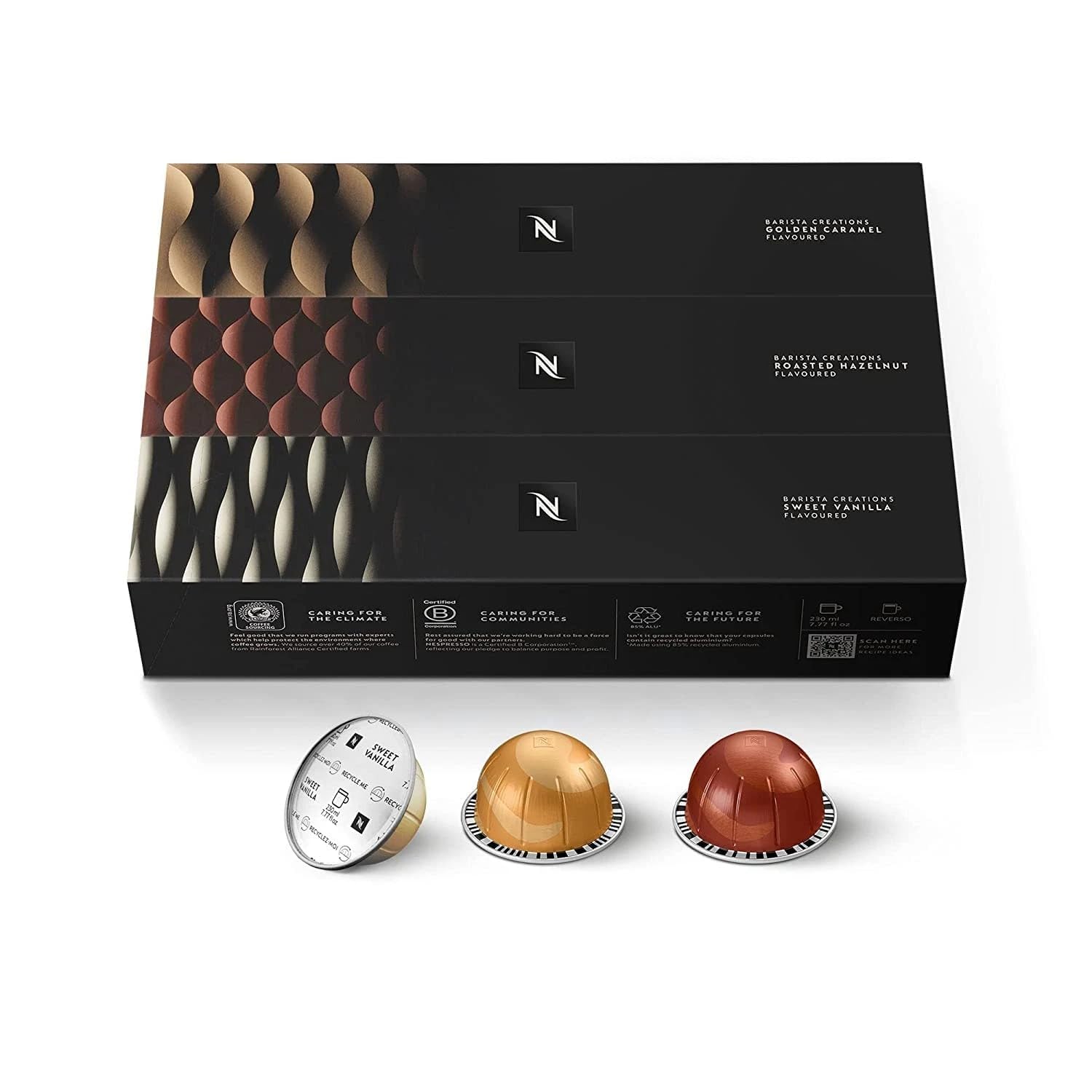 Nespresso Vertuo Sweet Vanilla capsules close-up for silky vanilla flavor moments