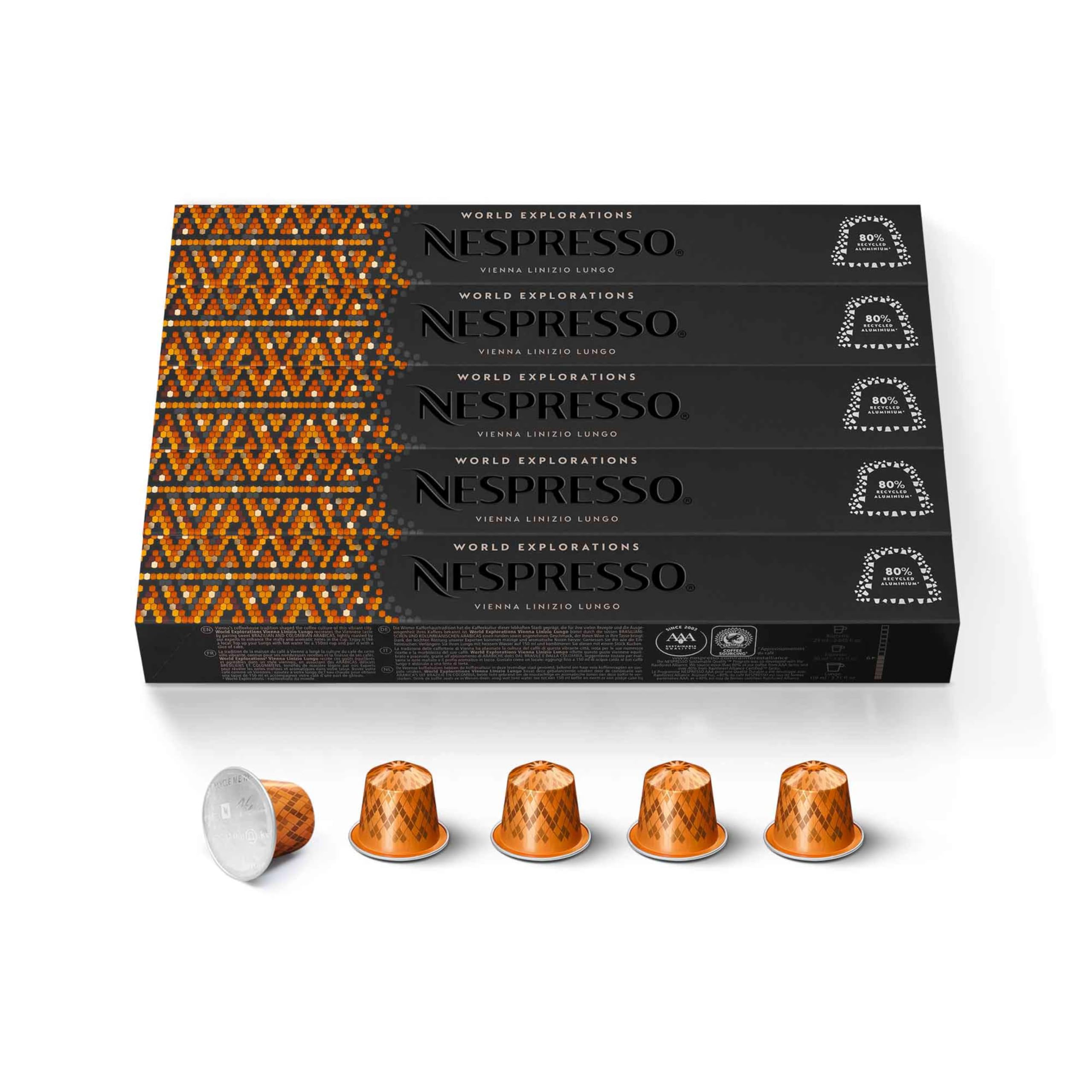 Nespresso Vienna Lungo capsules in focus, delivering a balanced, smooth cup for home rituals.